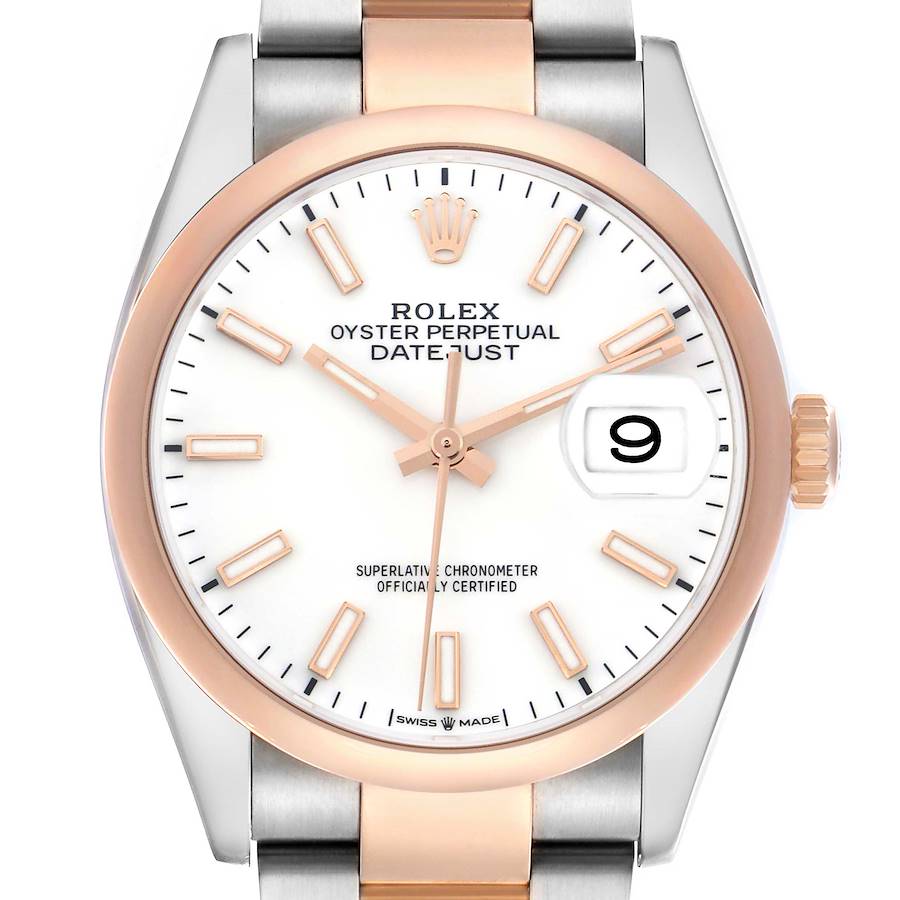 The image shows a front view of the Rolex Datejust 126201 Men's Steel and Gold (two tone) White Dial watch, highlighting the dial, hands, markers, date window, and bezel.