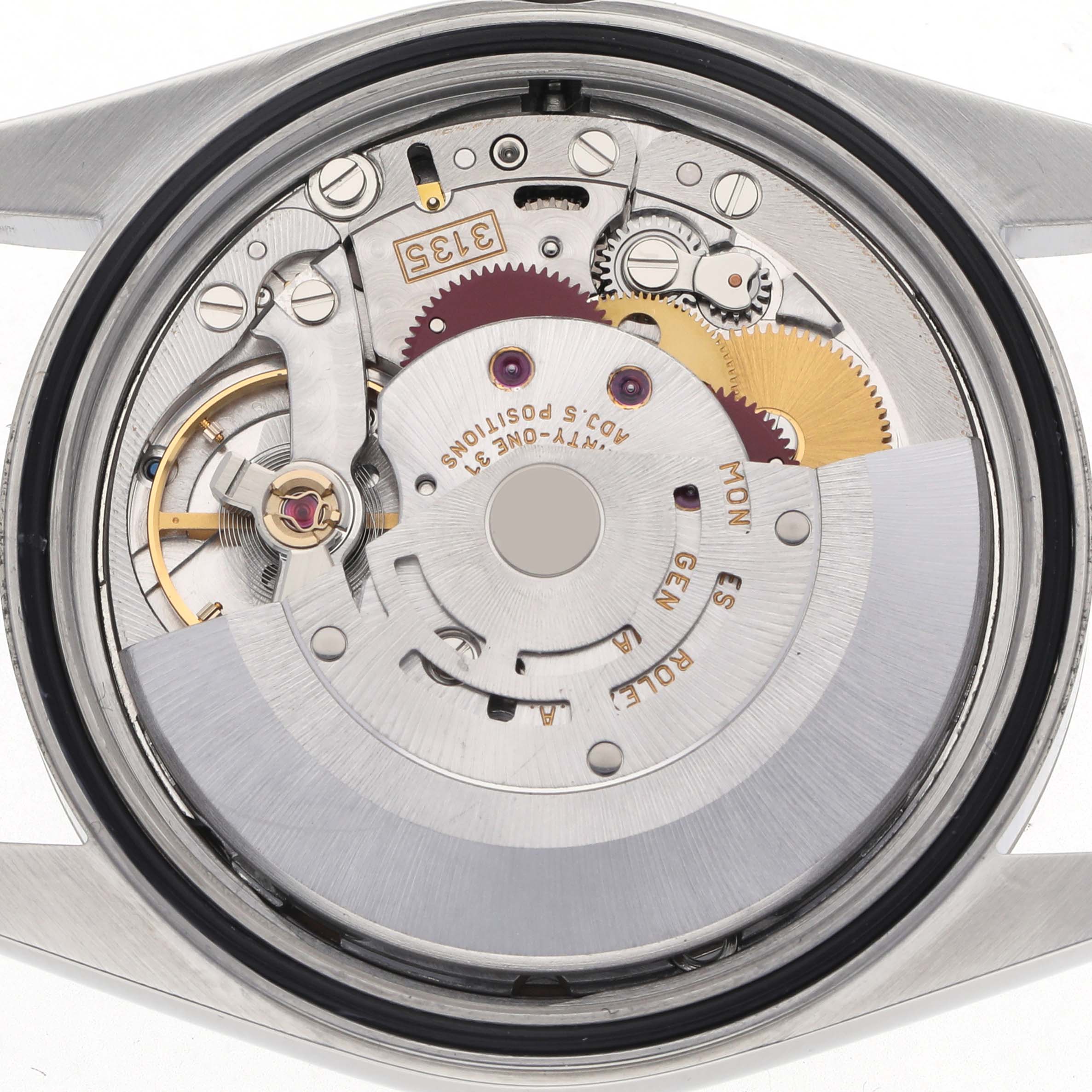 The image shows the back view of a Rolex Datejust 16234 Men's Stainless Steel Pink Dial 16234 Men's Stainless Steel Pink Dial watch, revealing its internal movement components.