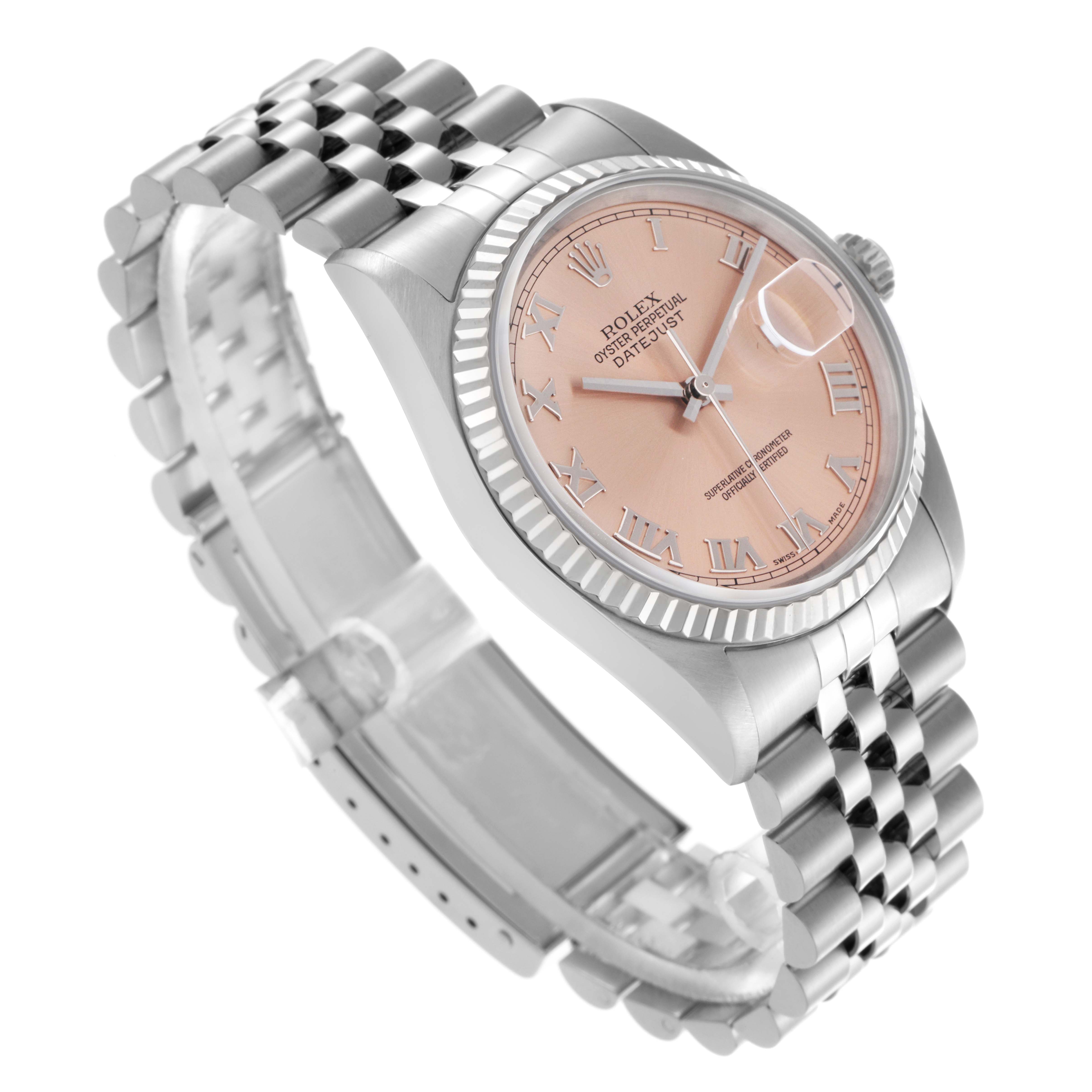 The Rolex Datejust 16234 Men's Stainless Steel Pink Dial 16234 Men's Stainless Steel Pink Dial watch is shown at an angled side view, highlighting the pink dial, fluted bezel, and jubilee bracelet.