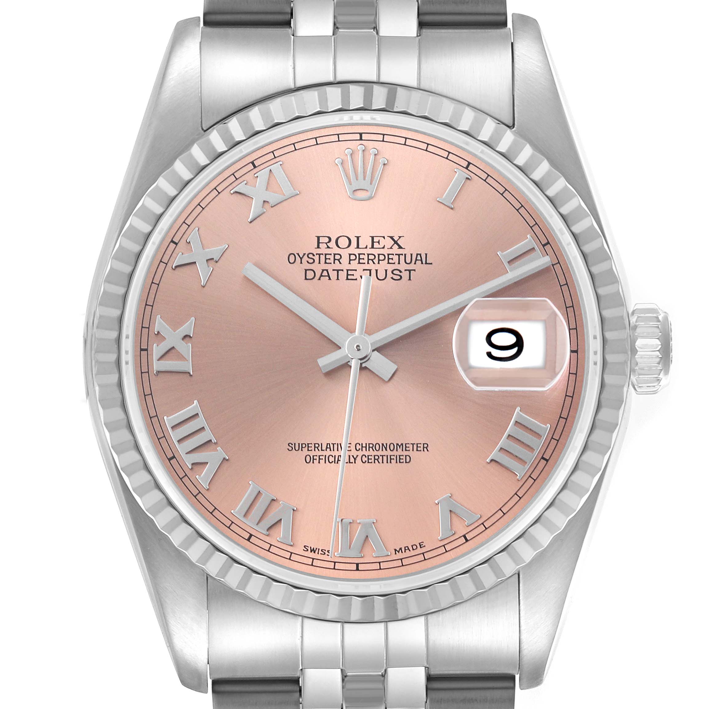 The Rolex Datejust 16234 Men's Stainless Steel Pink Dial 16234 Men's Stainless Steel Pink Dial watch is shown from a front angle, highlighting its pink dial, Roman numerals, fluted bezel, and date window.