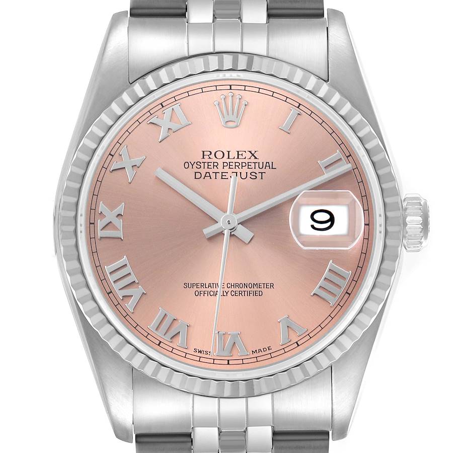 The Rolex Datejust watch is shown from a front angle, highlighting its pink dial, Roman numerals, fluted bezel, and date window.