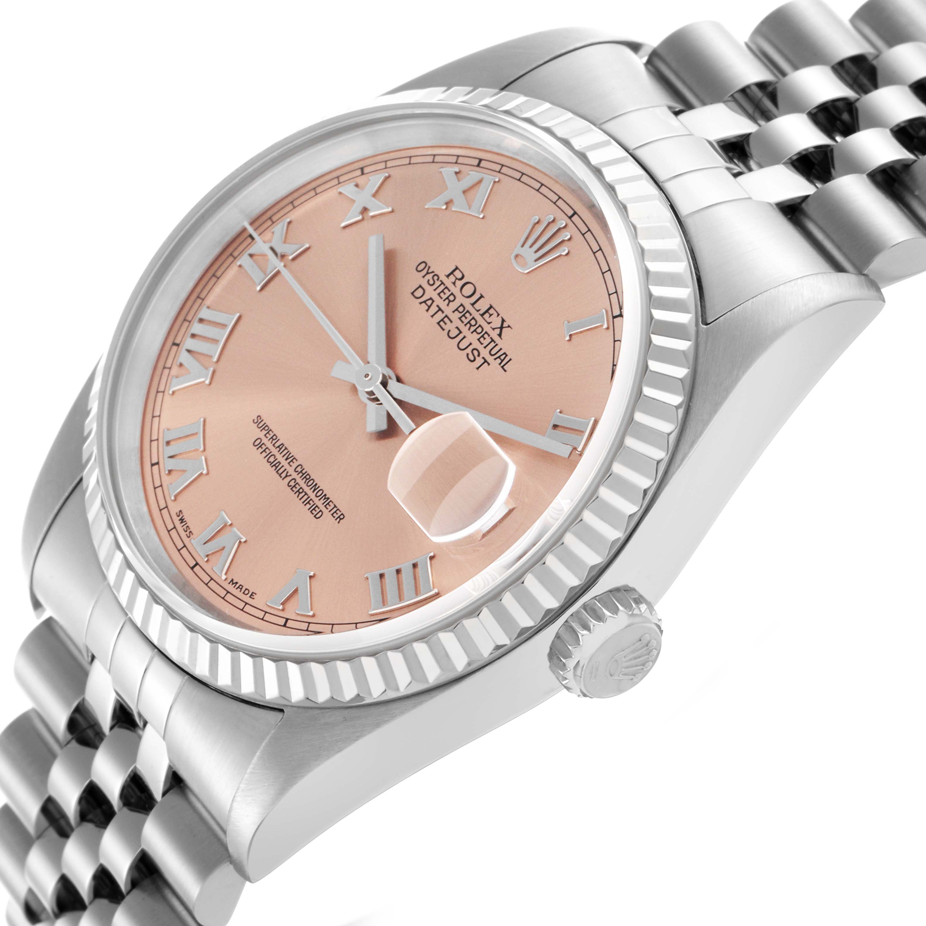 The Rolex Datejust 16234 Men's Stainless Steel Pink Dial 16234 Men's Stainless Steel Pink Dial watch is shown from an angled side view, highlighting the dial, fluted bezel, and jubilee bracelet.