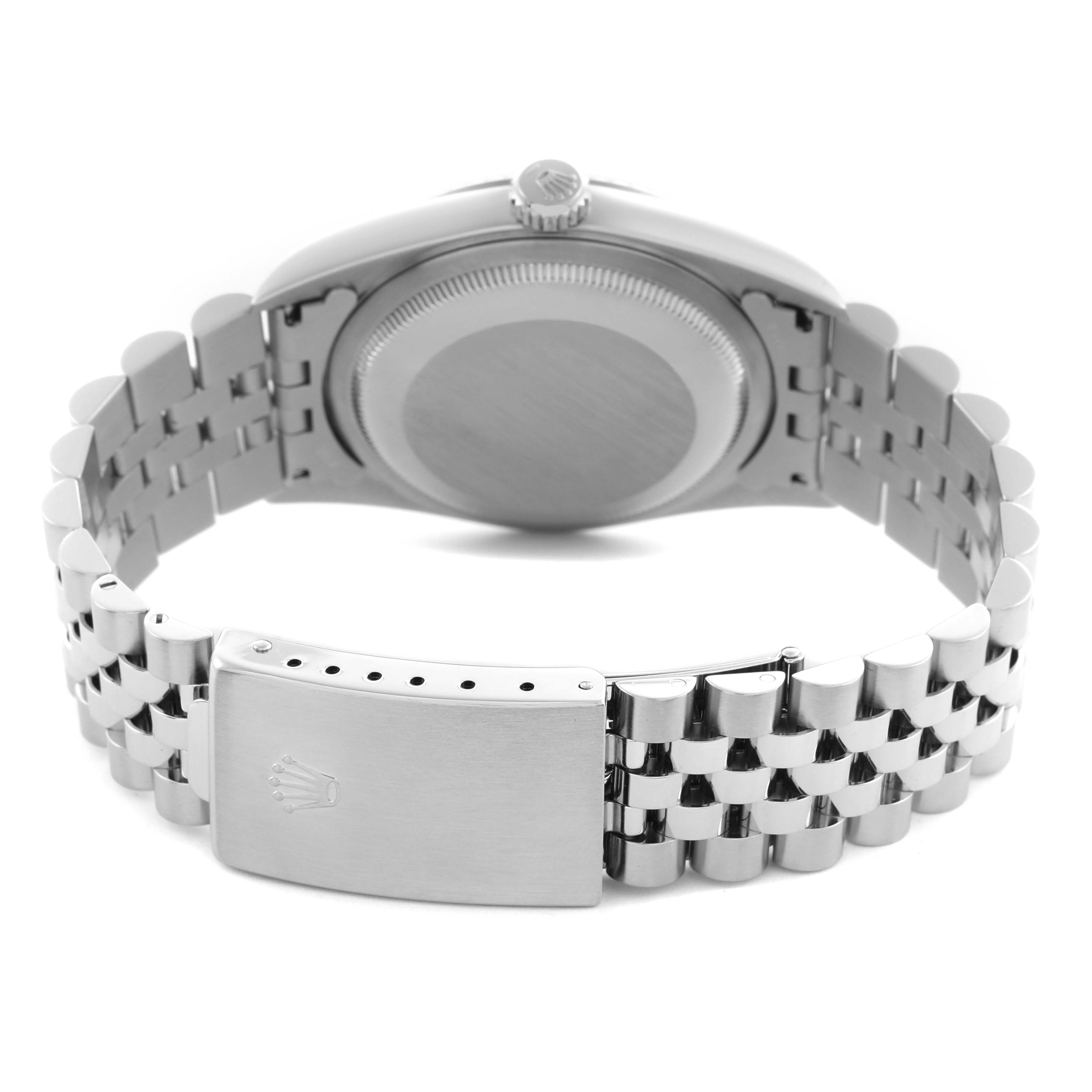 The image shows the back view of a Rolex Datejust 16234 Men's Stainless Steel Pink Dial 16234 Men's Stainless Steel Pink Dial, highlighting the case back, crown, and Jubilee bracelet with clasp.