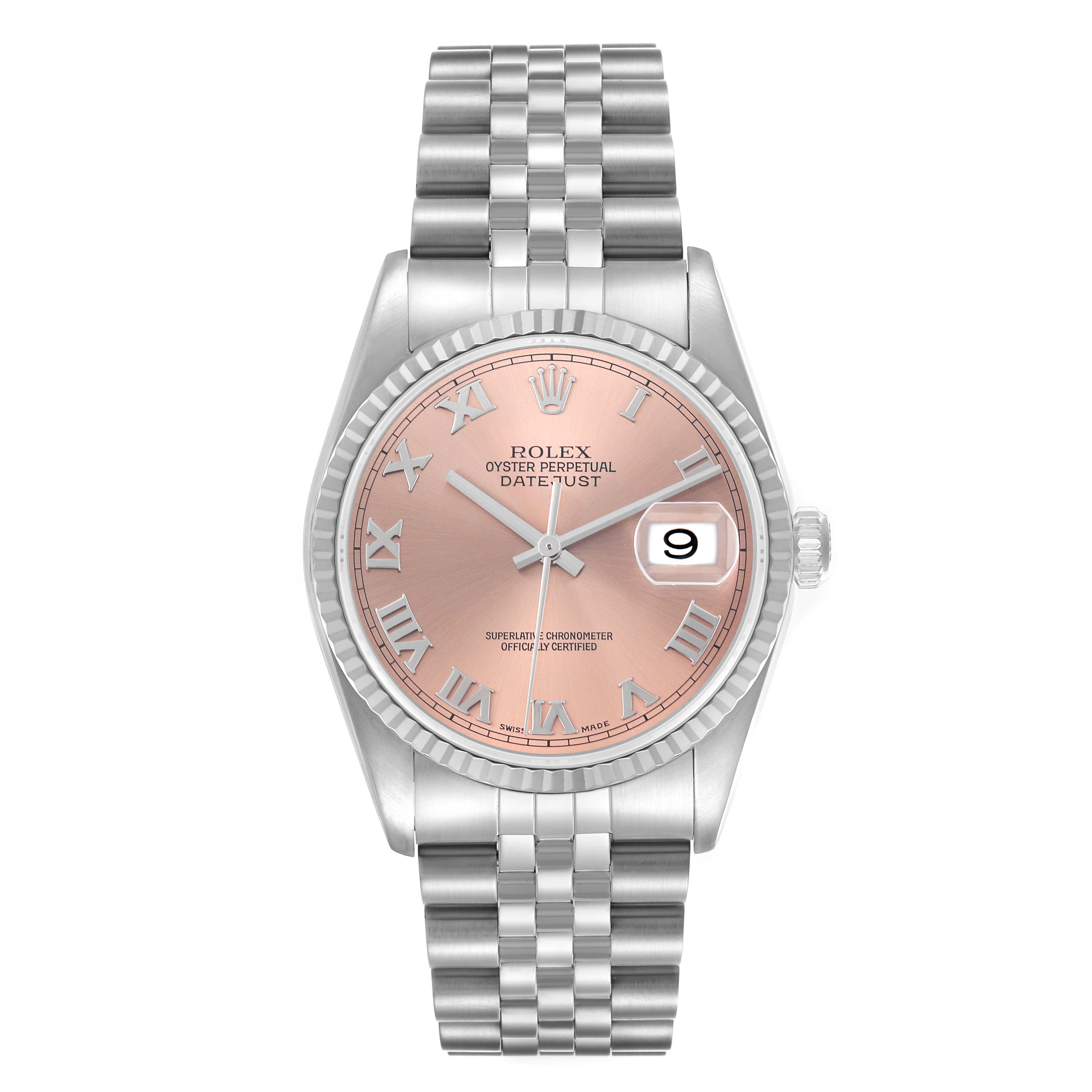 The Rolex Datejust 16234 Men's Stainless Steel Pink Dial 16234 Men's Stainless Steel Pink Dial watch is shown from the front, highlighting the dial, bezel, hands, date window, and bracelet.