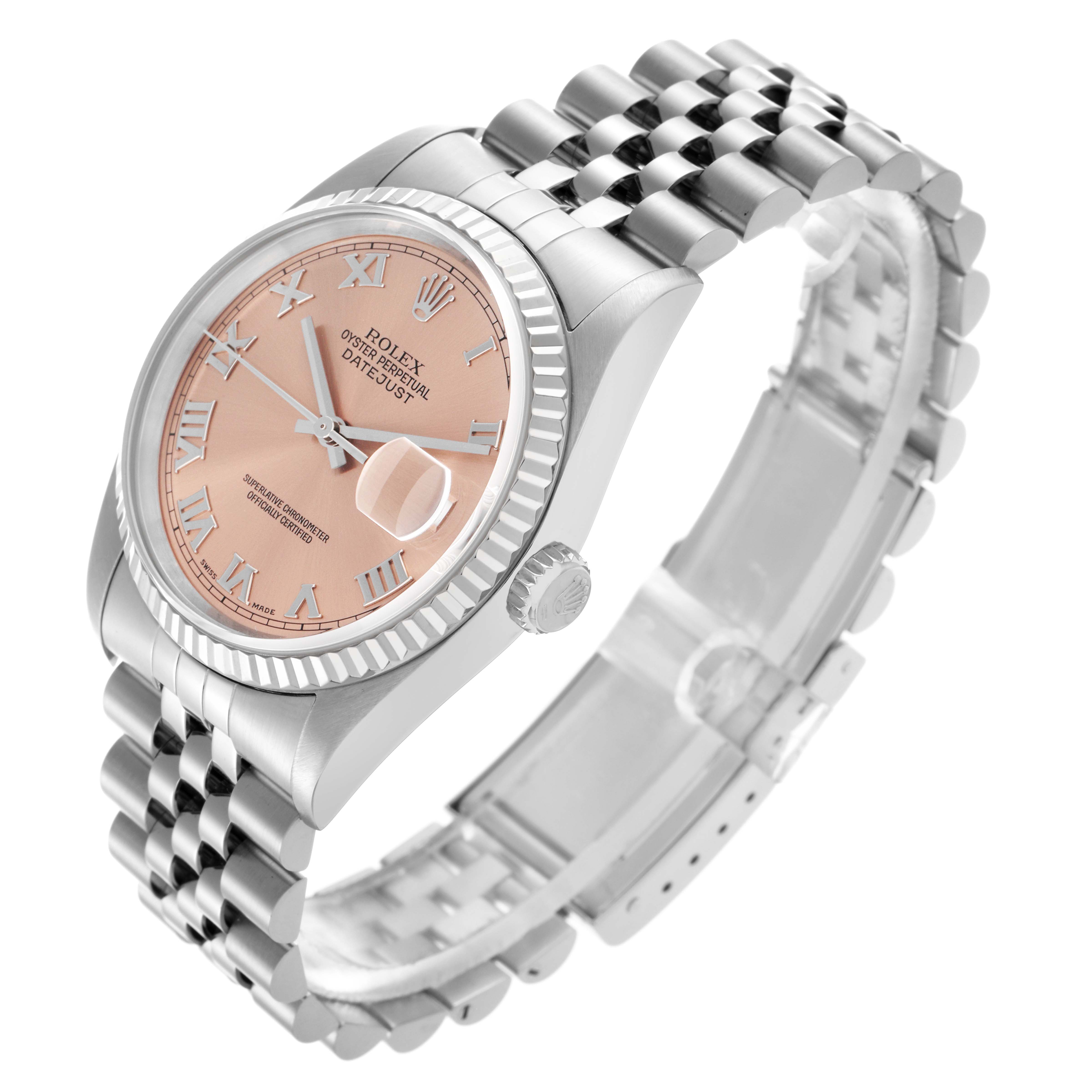 The Rolex Datejust 16234 Men's Stainless Steel Pink Dial 16234 Men's Stainless Steel Pink Dial watch is shown at an angled view highlighting the dial, bezel, crown, and jubilee bracelet.