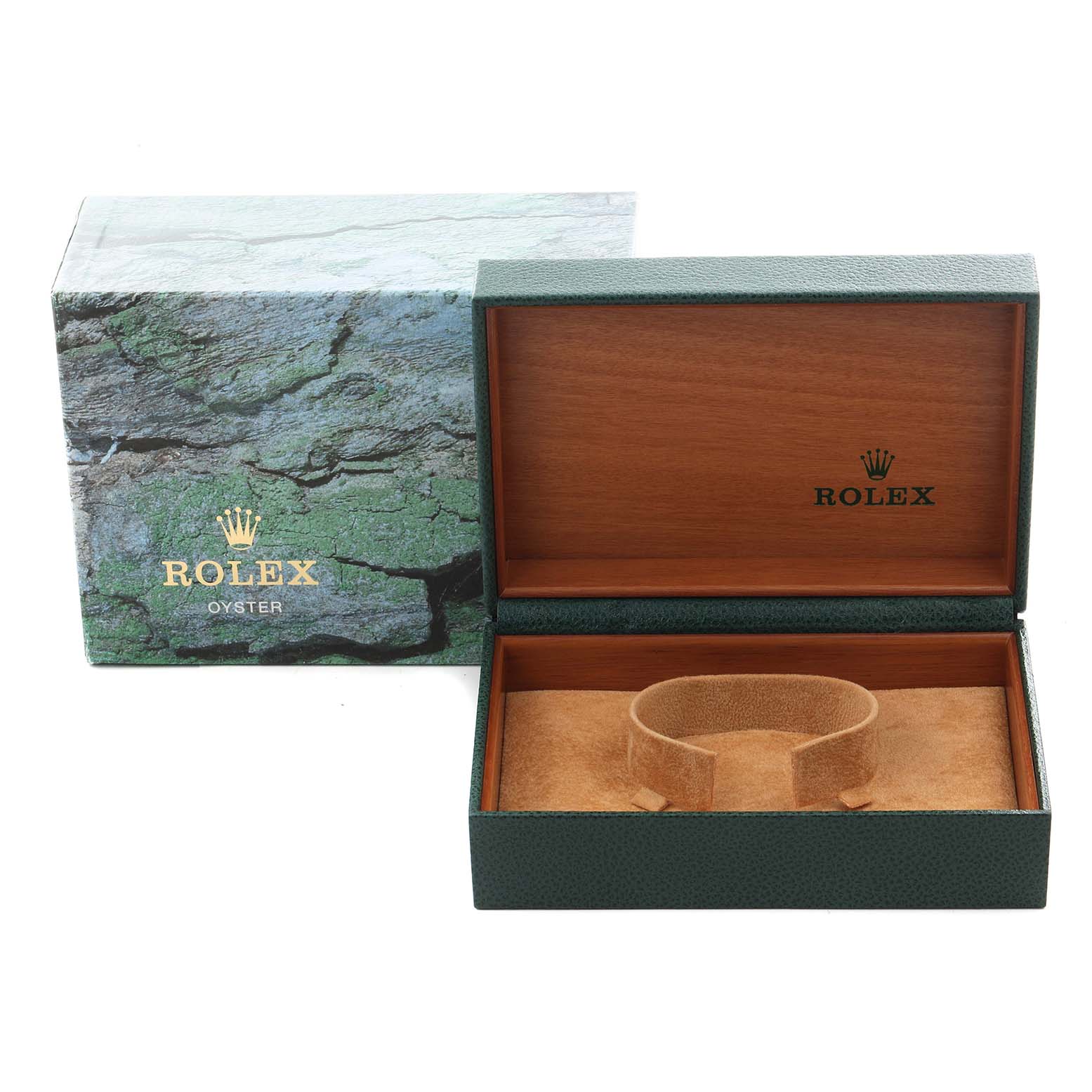 The image shows a Rolex Datejust 16234 Men's Stainless Steel Pink Dial 16234 Men's Stainless Steel Pink Dial watch box and packaging from an overhead angle, including the inner and outer boxes.