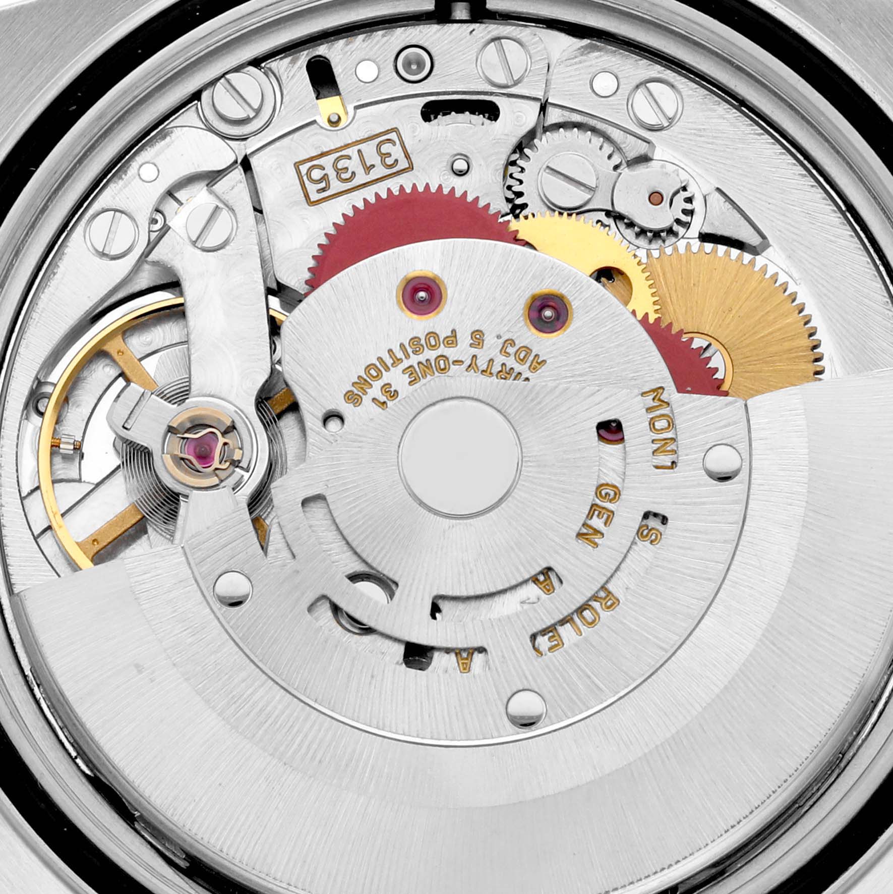 This image shows the intricate internal mechanism of the Rolex Datejust 16233 Men's Steel and Gold (two tone) Champagne Dial 16233 Men's Steel and Gold (two tone) Champagne Dial watch from a close-up angle.