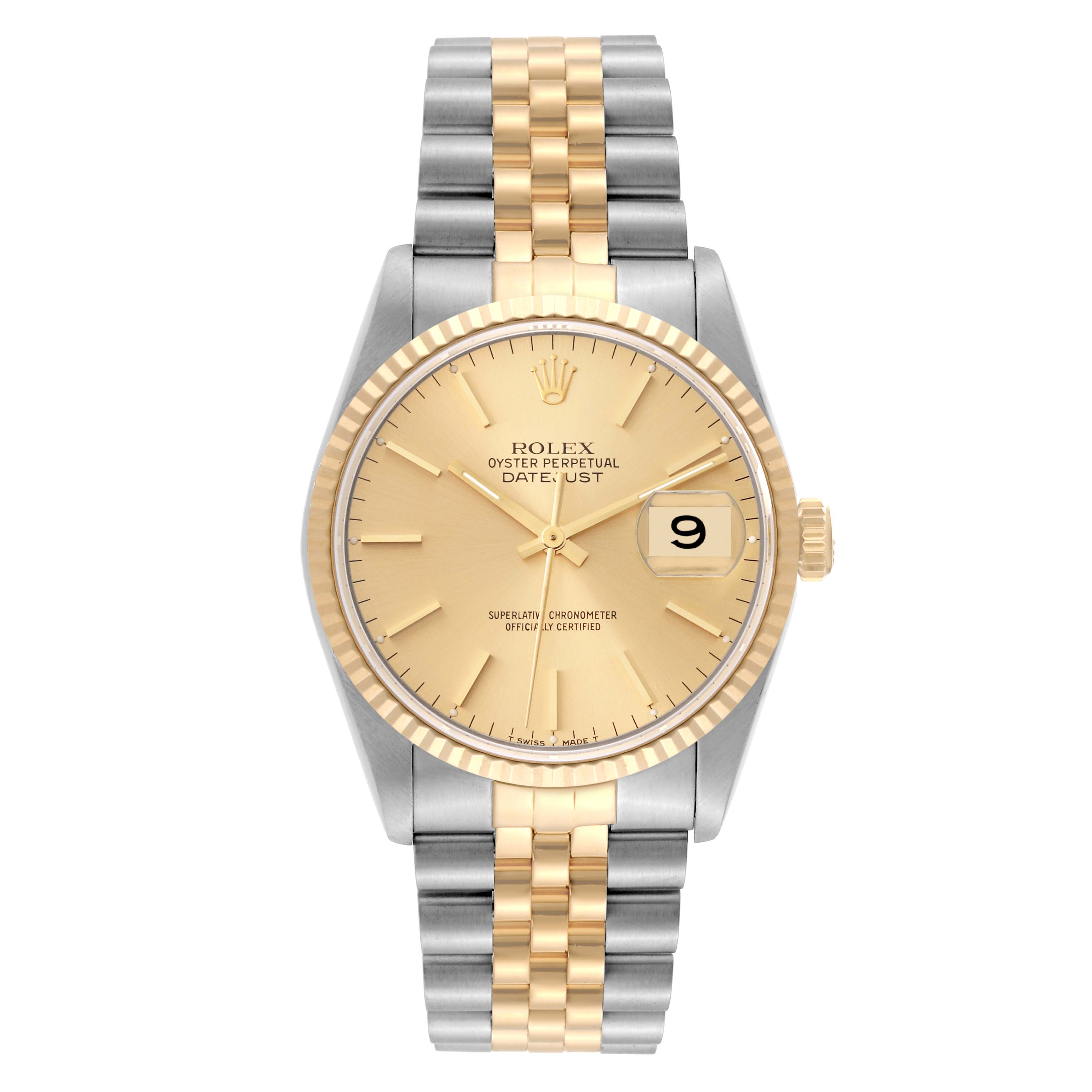 The Rolex Datejust 16233 Men's Steel and Gold (two tone) Champagne Dial 16233 Men's Steel and Gold (two tone) Champagne Dial watch is shown from the front, displaying its gold dial, date window, and two-tone bracelet.