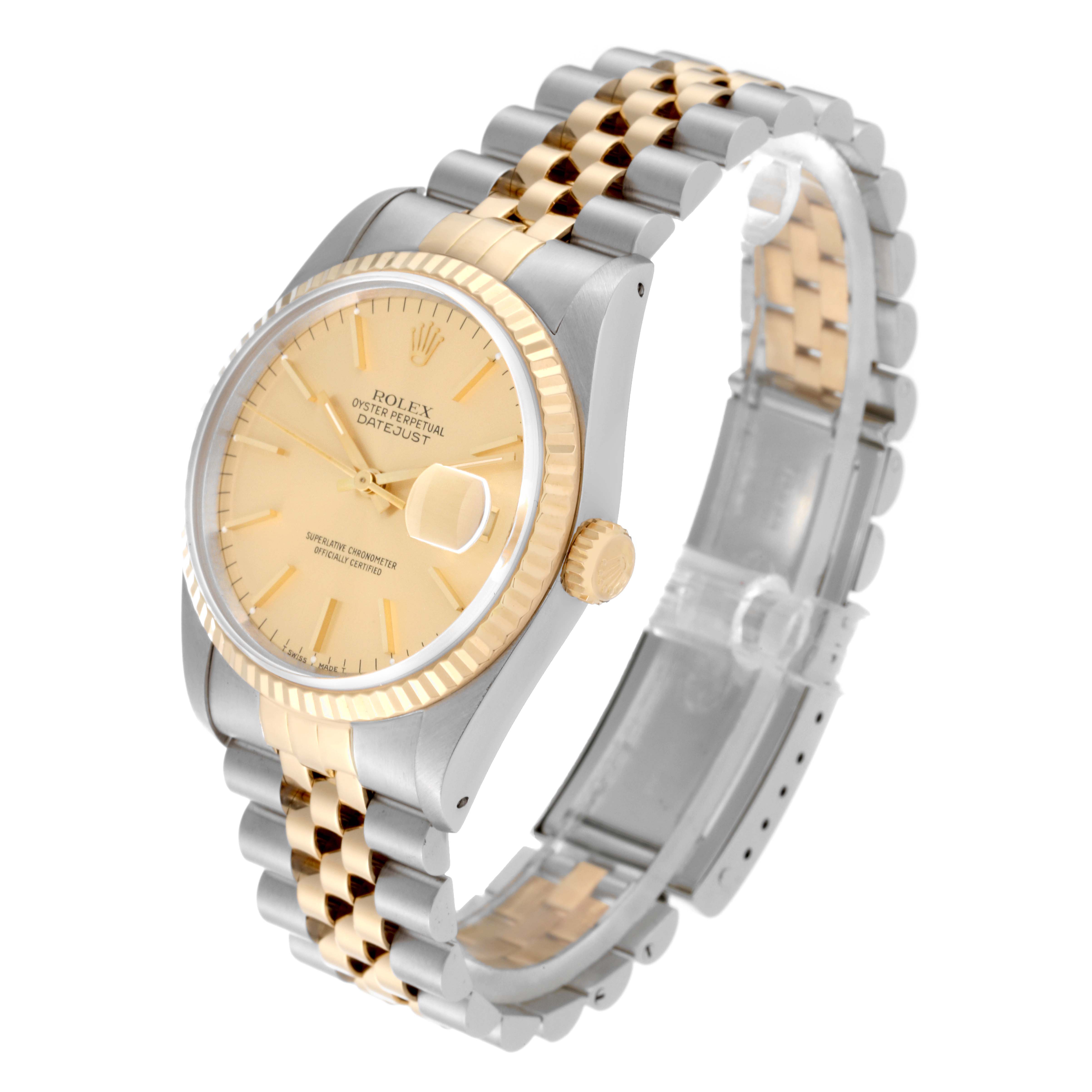 The image shows an angled view of a Rolex Datejust 16233 Men's Steel and Gold (two tone) Champagne Dial 16233 Men's Steel and Gold (two tone) Champagne Dial watch, highlighting the face, fluted bezel, and Jubilee bracelet.