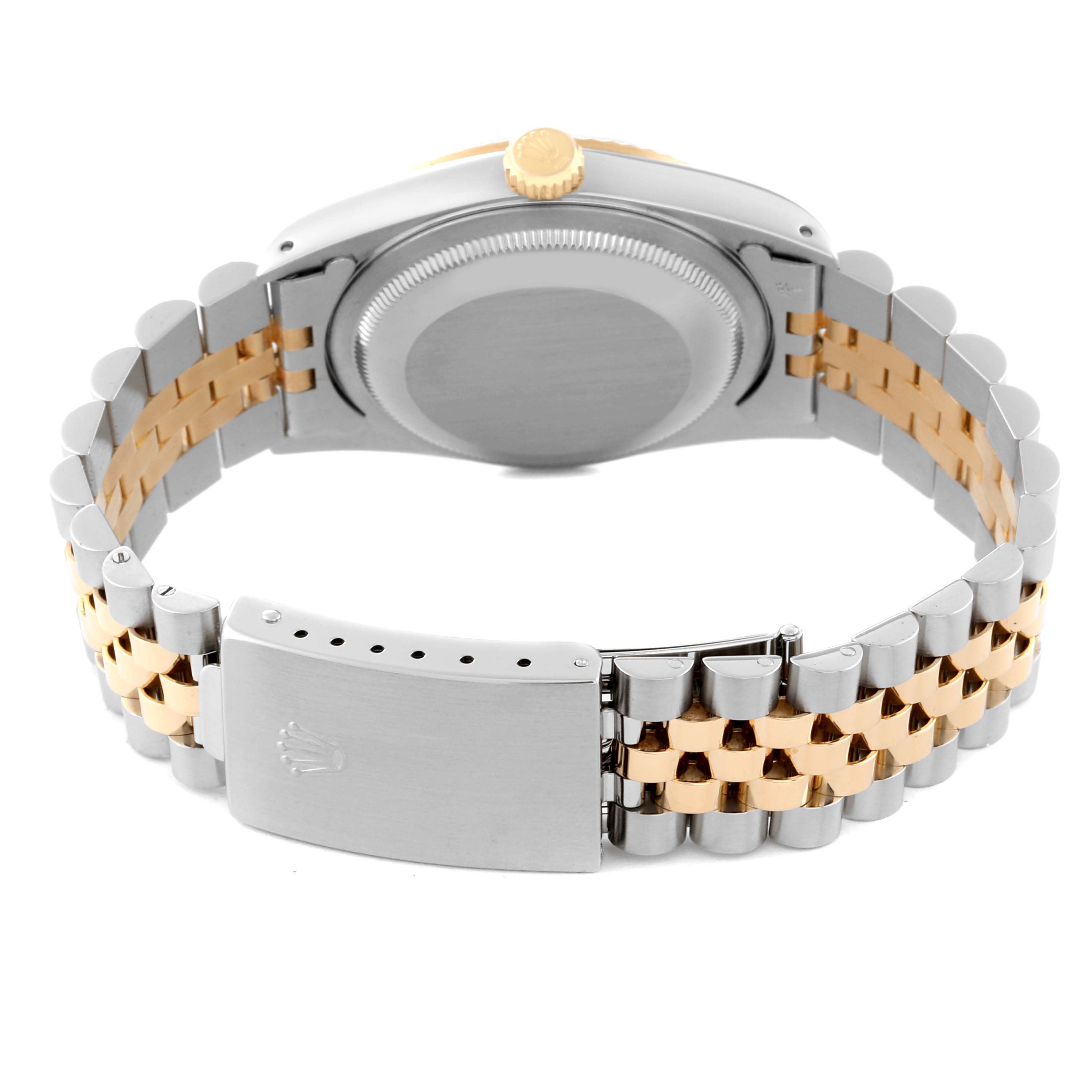 The image shows the back of the Rolex Datejust 16233 Men's Steel and Gold (two tone) Champagne Dial 16233 Men's Steel and Gold (two tone) Champagne Dial watch, highlighting the two-tone bracelet, clasp, and caseback.