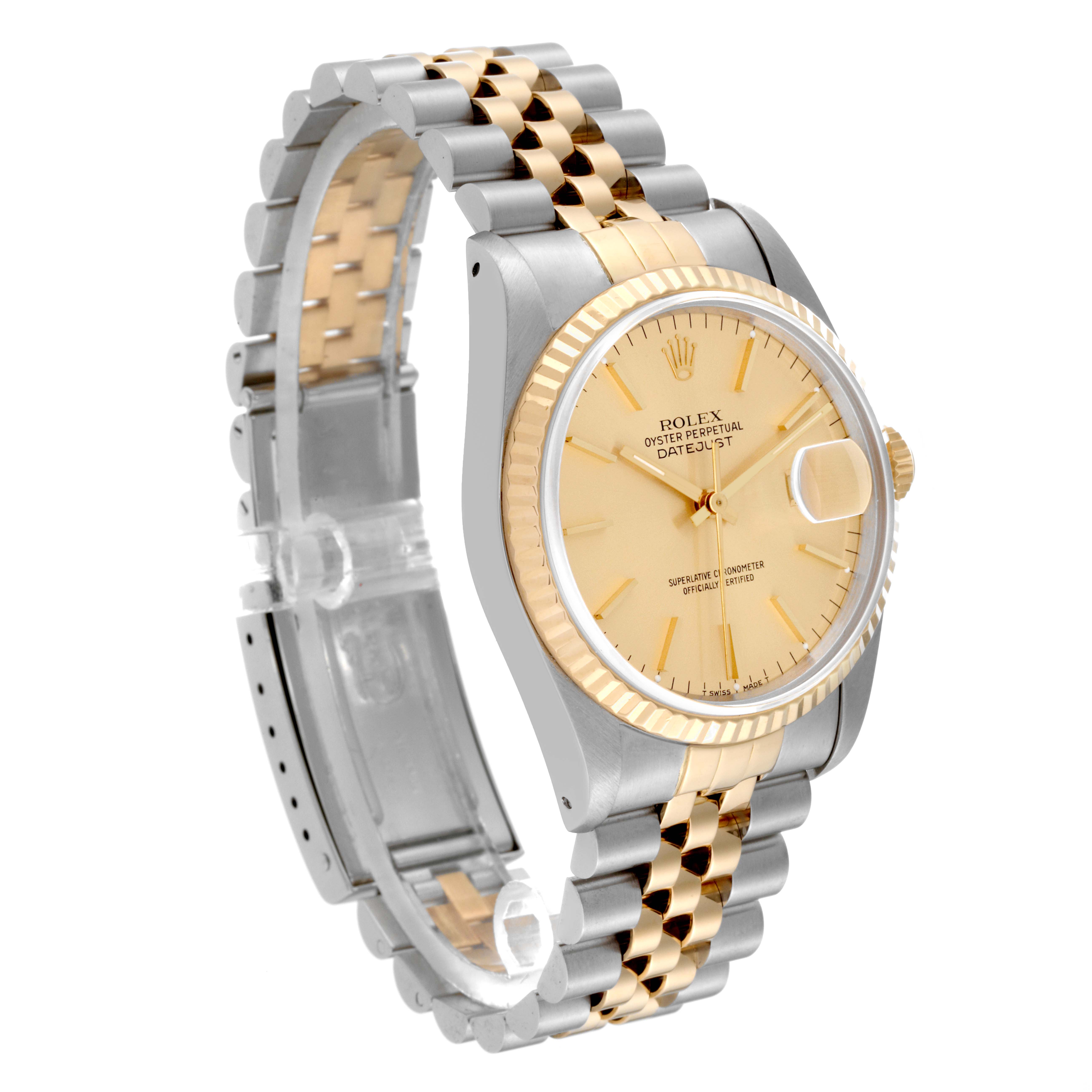 The image shows a Rolex Datejust 16233 Men's Steel and Gold (two tone) Champagne Dial 16233 Men's Steel and Gold (two tone) Champagne Dial watch in a three-quarter view, highlighting its face, bezel, and jubilee bracelet.
