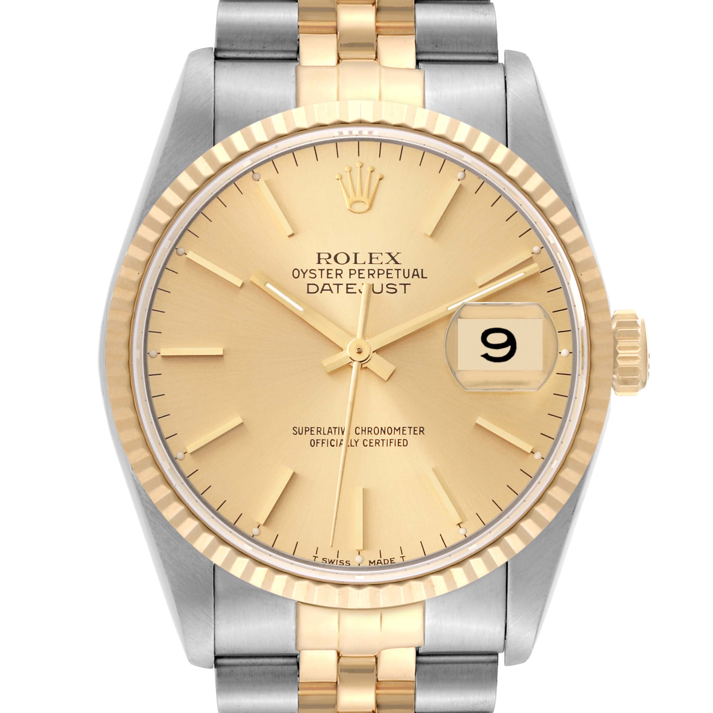 The image shows a front view of the Rolex Datejust 16233 Men's Steel and Gold (two tone) Champagne Dial 16233 Men's Steel and Gold (two tone) Champagne Dial watch displaying the face, bezel, crown, and partial bracelet.