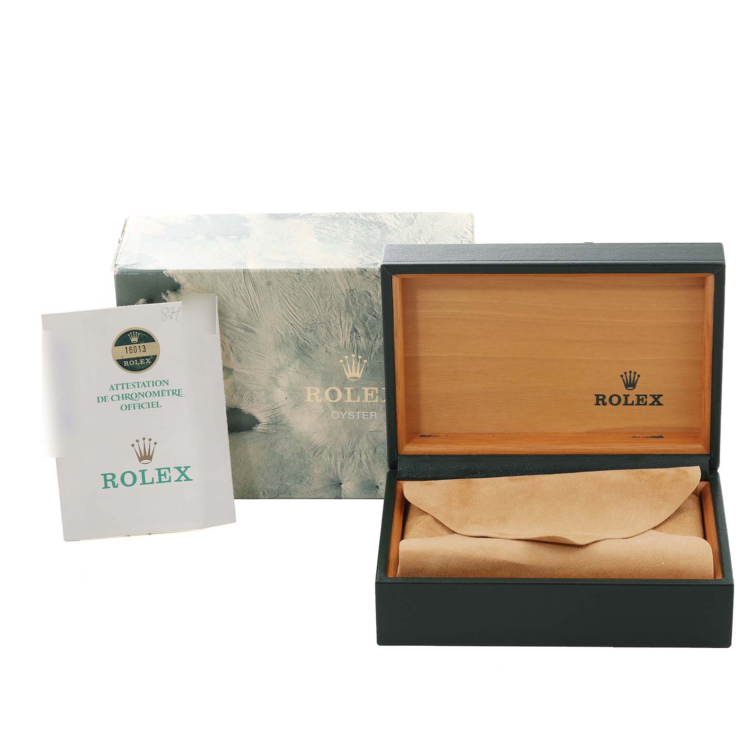 The image shows a Rolex Vintage Collection 16013 Men's Steel and Gold (two tone) Champagne Dial 16013 Men's Steel and Gold (two tone) Champagne Dial watch box, an official chronometer certificate, and the outer packaging from an elevated angle.