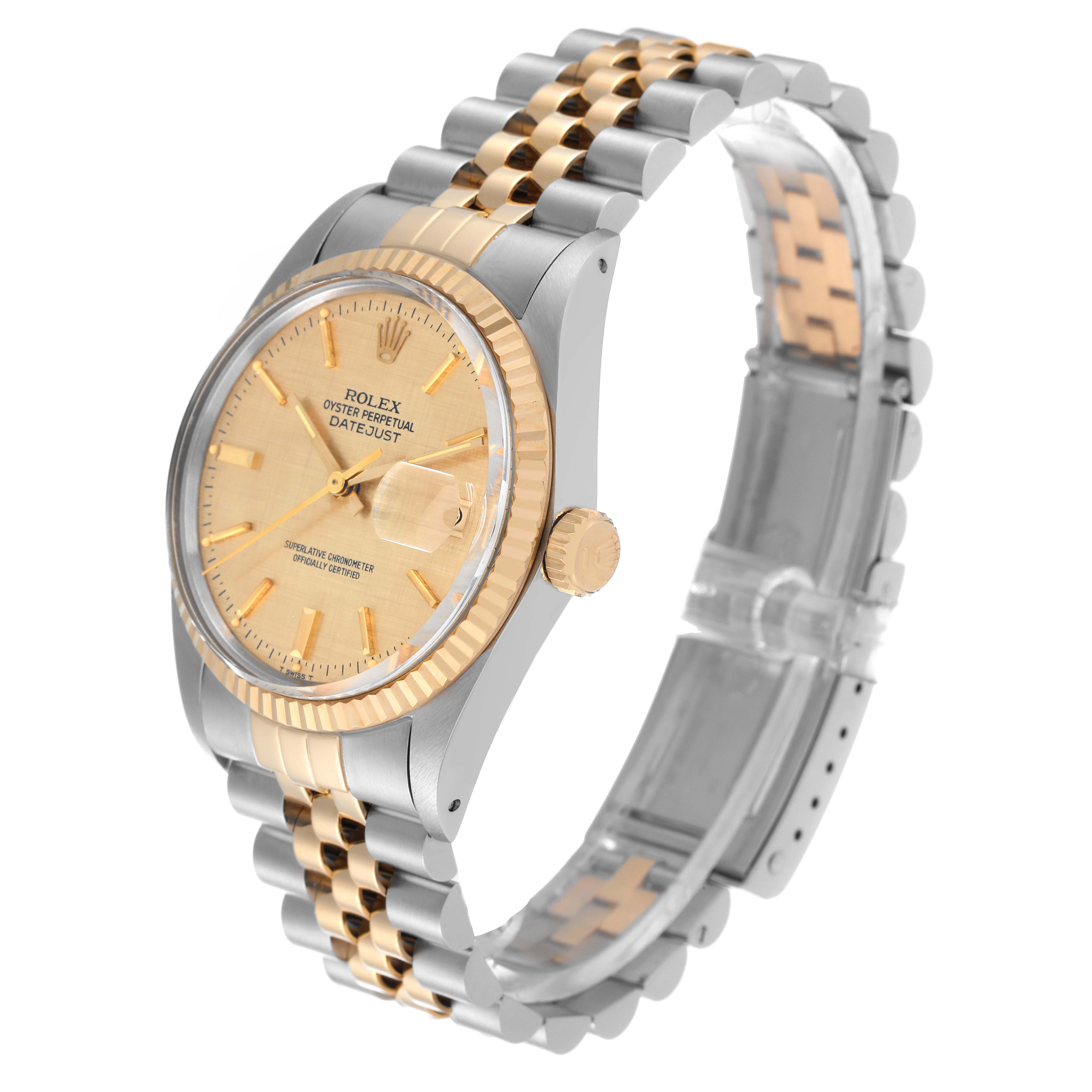 The image shows a Rolex Vintage Collection 16013 Men's Steel and Gold (two tone) Champagne Dial 16013 Men's Steel and Gold (two tone) Champagne Dial Datejust watch, angled to display its face, crown, and two-tone bracelet.