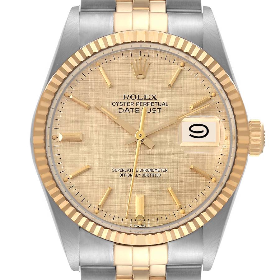 Rolex Datejust 36 Steel Yellow Gold Linen Dial Vintage Watch 16013 Box Papers SwissWatchExpo