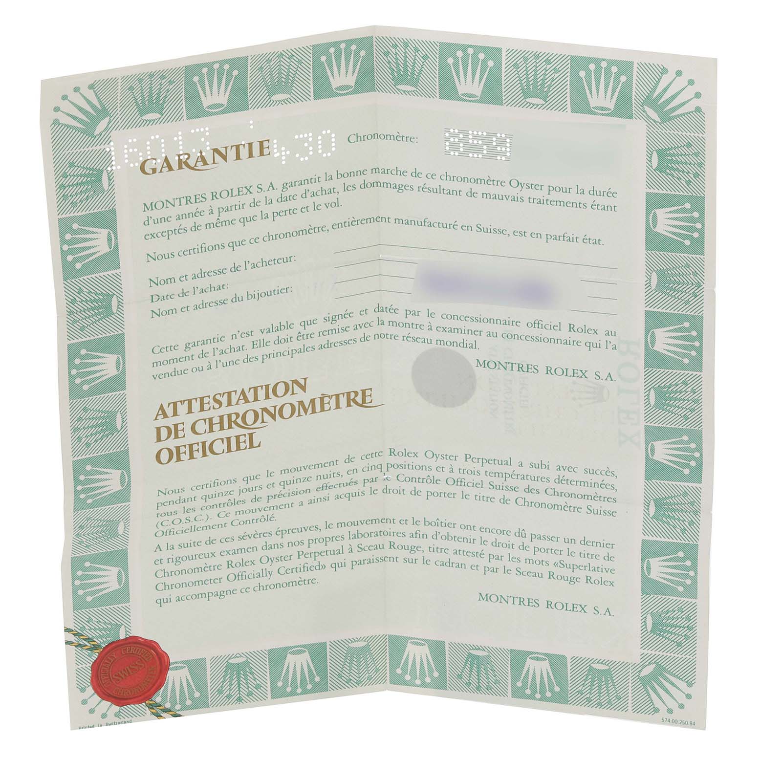 The image shows the warranty and certificate card for a Vintage Collection Rolex watch, displayed at a slight angle.