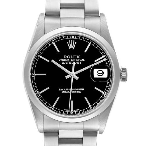 The image shows a frontal view of the Rolex Datejust watch, displaying the black dial, date window, and part of the bracelet.