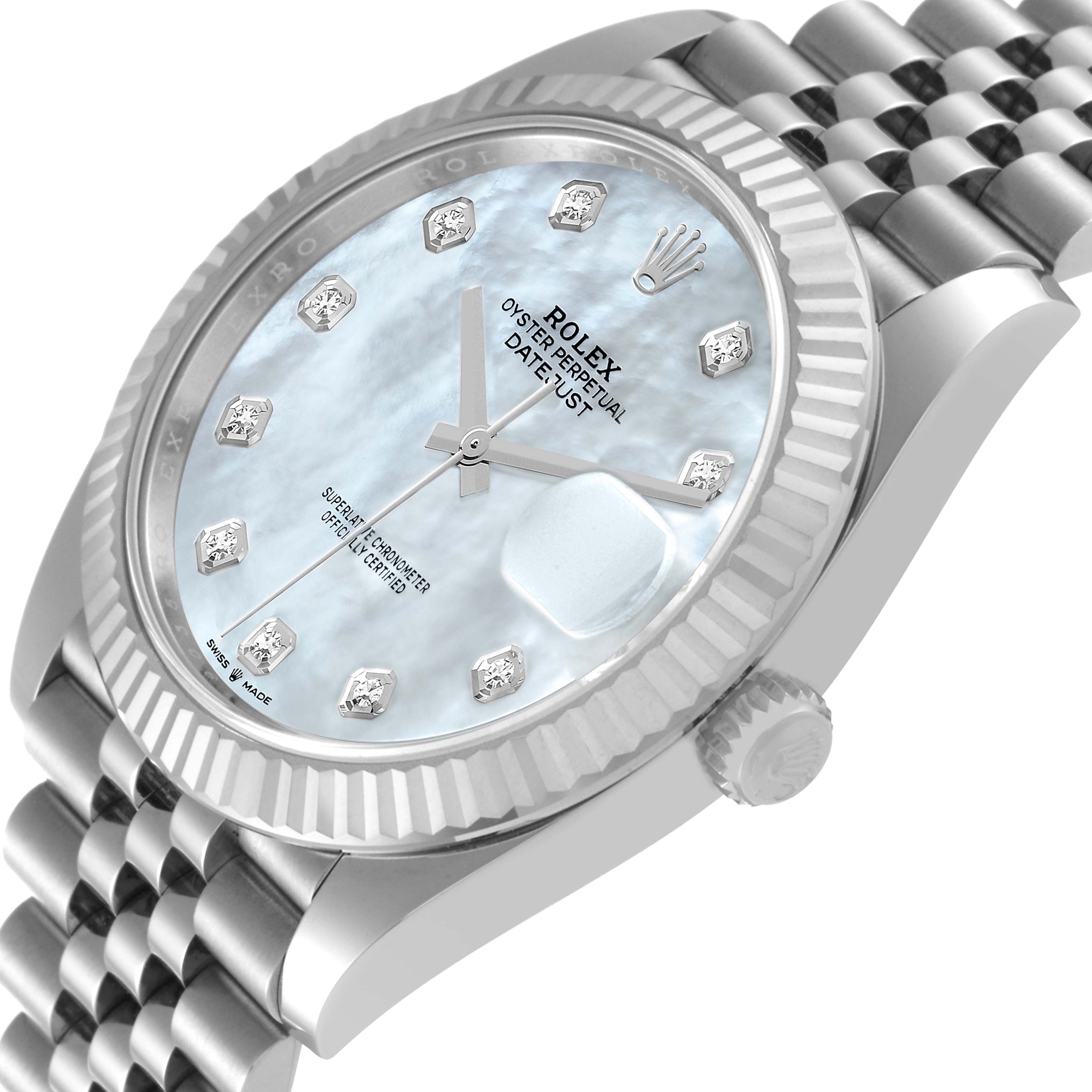 The image shows a Rolex Datejust 41 126334 Men's Stainless Steel Mother of Pearl Dial 126334 Men's Stainless Steel Mother of Pearl Dial watch at an angle highlighting the dial, bezel, crown, and part of the bracelet.