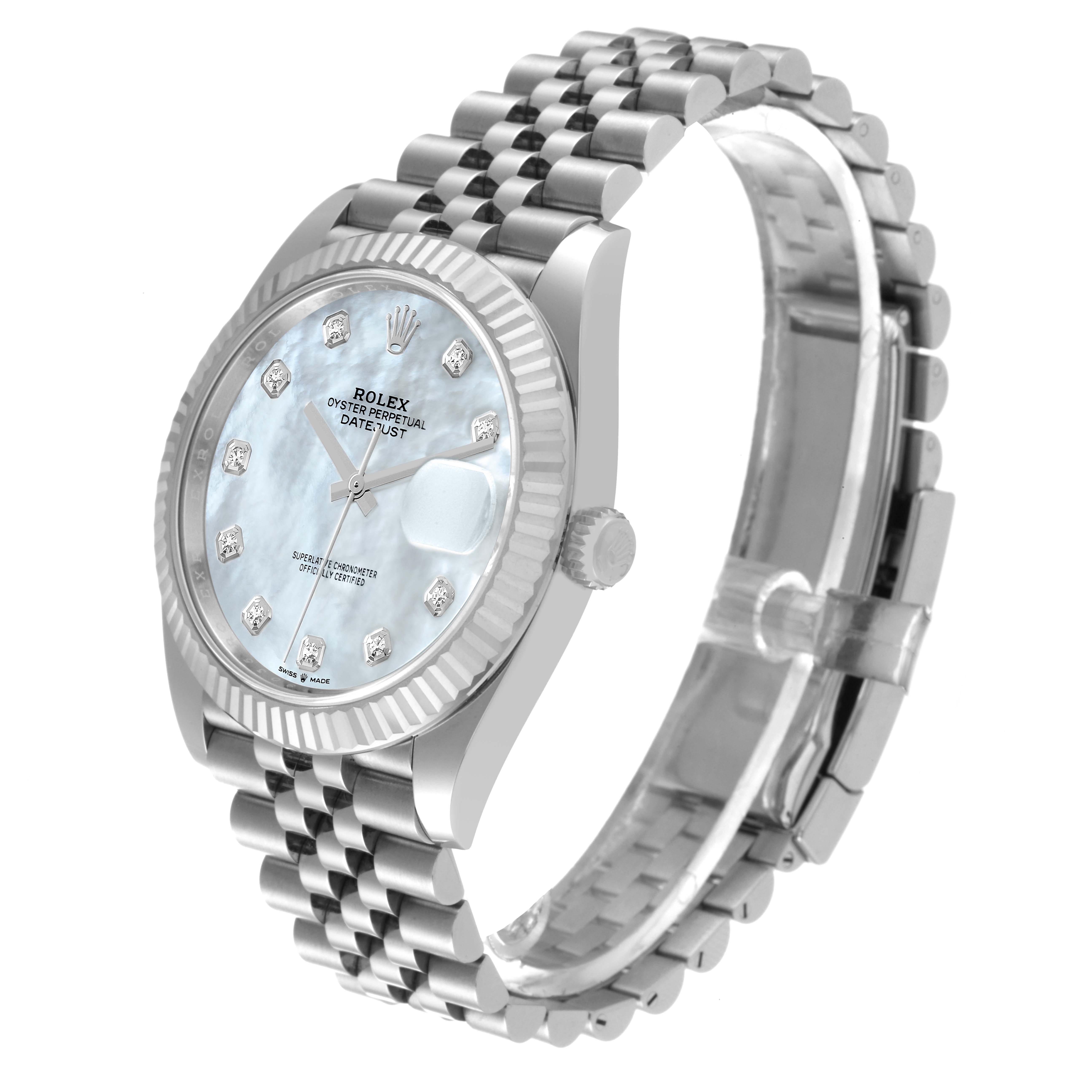 This image shows a Rolex Datejust 41 126334 Men's Stainless Steel Mother of Pearl Dial 126334 Men's Stainless Steel Mother of Pearl Dial watch at an angle, highlighting its dial, bezel, and bracelet.