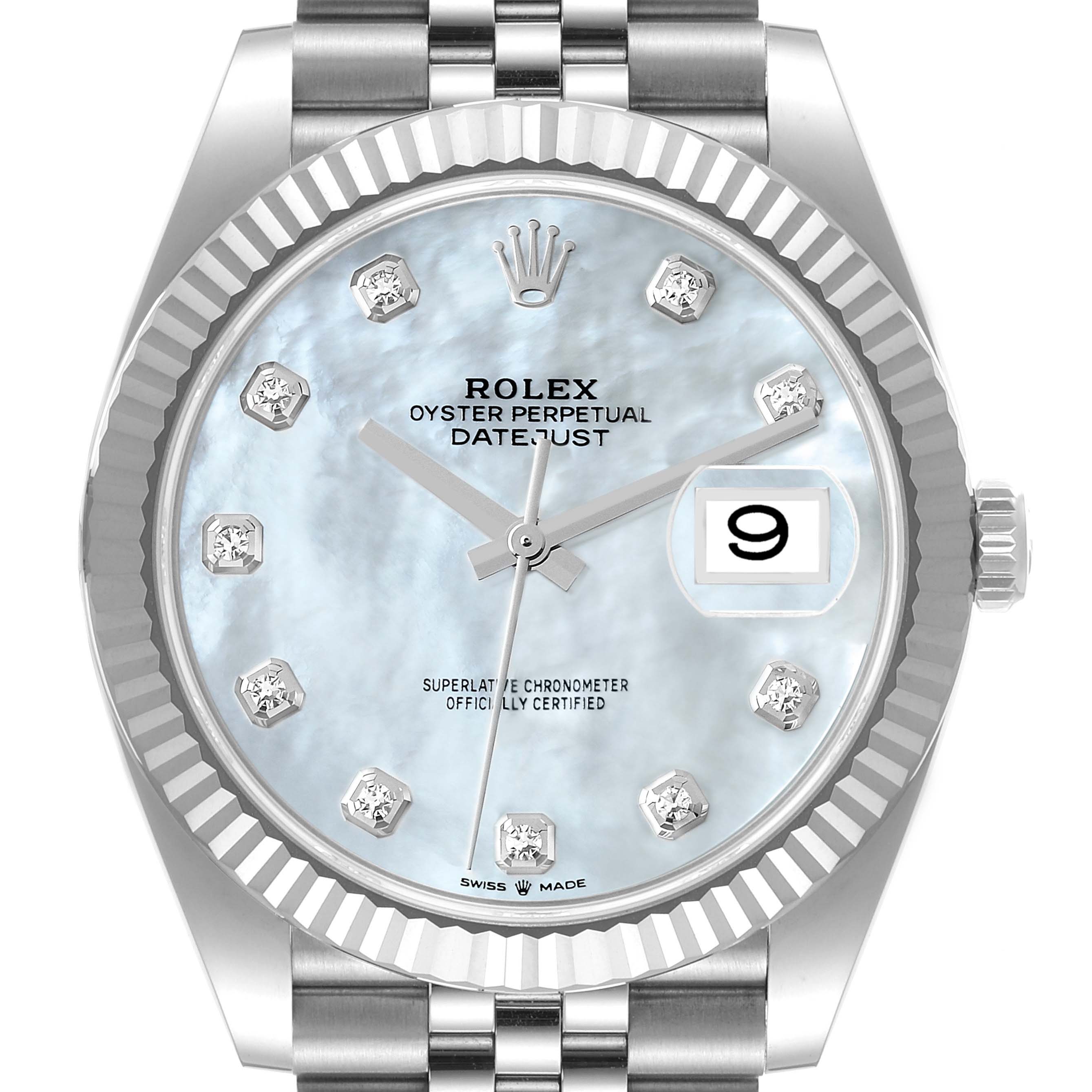 This image shows a front view of a Rolex Datejust 41 126334 Men's Stainless Steel Mother of Pearl Dial 126334 Men's Stainless Steel Mother of Pearl Dial watch detailing its dial and fluted bezel.