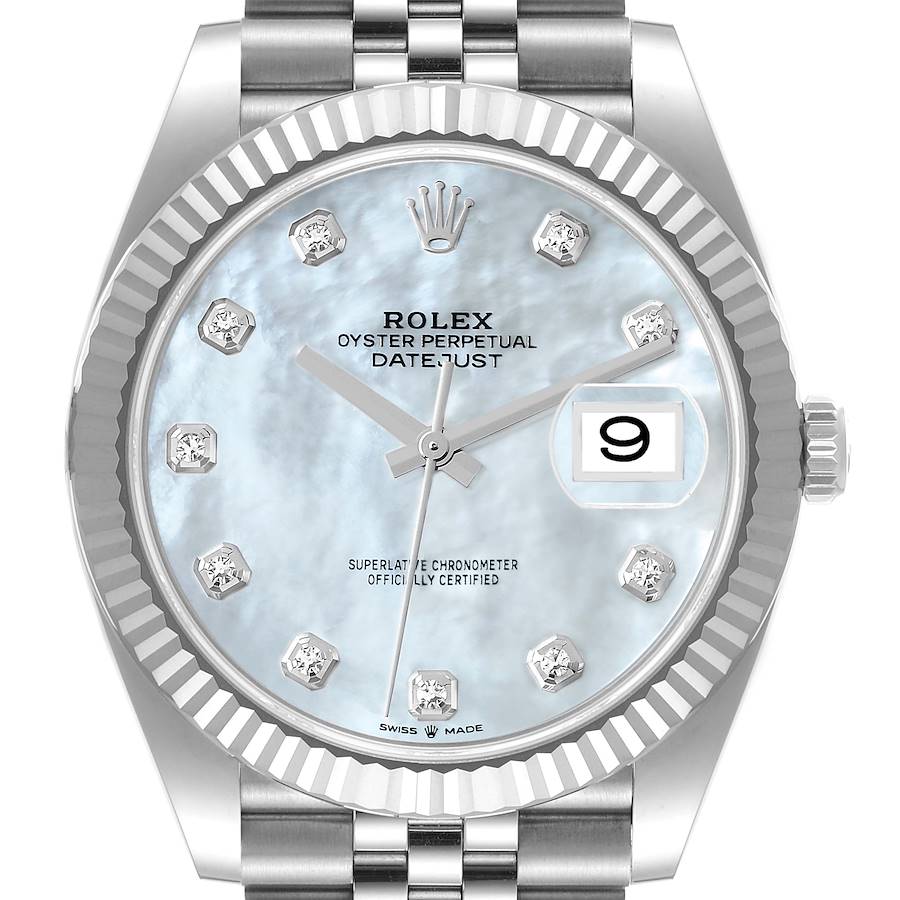 Rolex Datejust 41 Steel White Gold Mother of Pearl Diamond Mens Watch 126334 Unworn SwissWatchExpo
