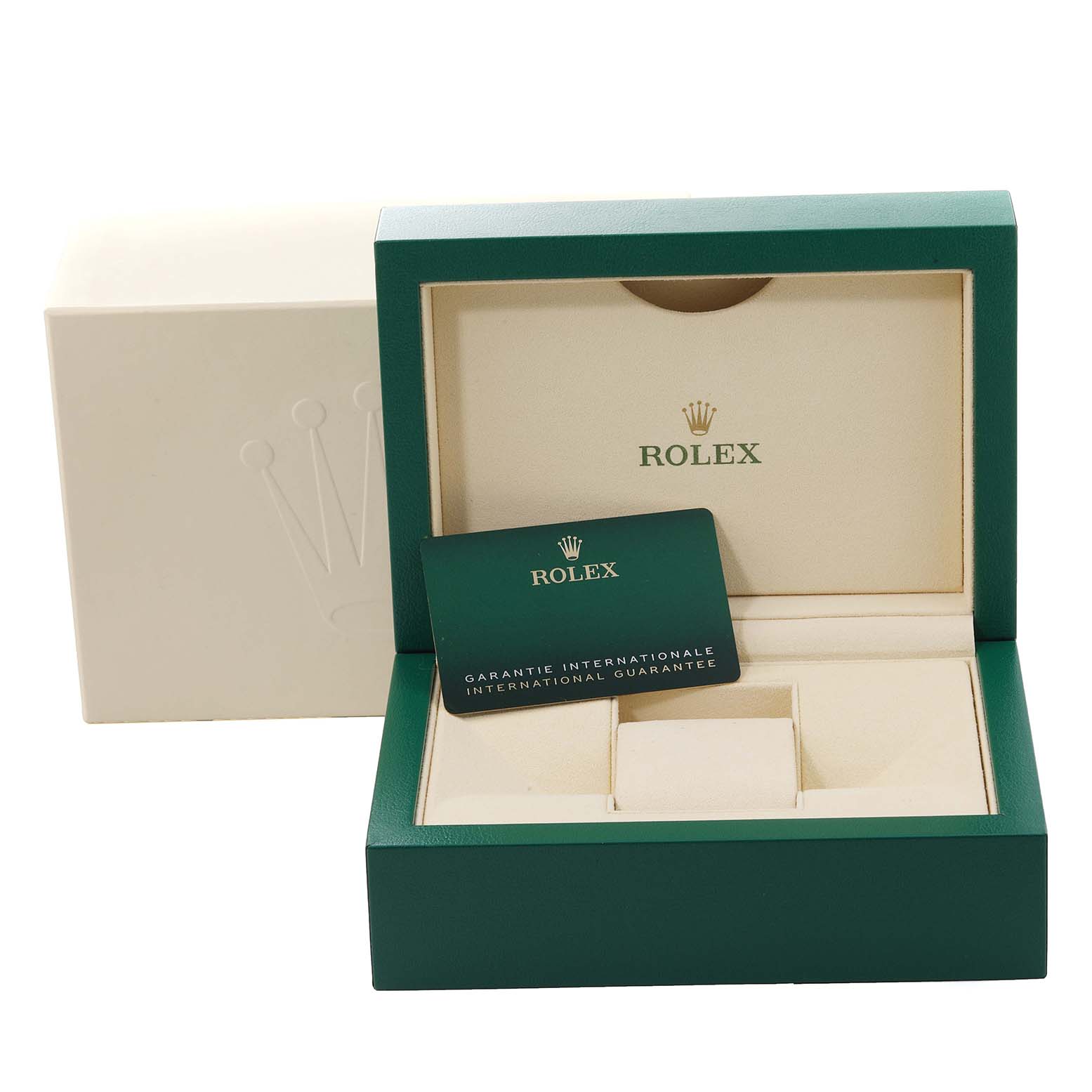 The image shows an open Rolex Datejust 41 126334 Men's Stainless Steel Mother of Pearl Dial 126334 Men's Stainless Steel Mother of Pearl Dial box with the warranty card displayed inside.