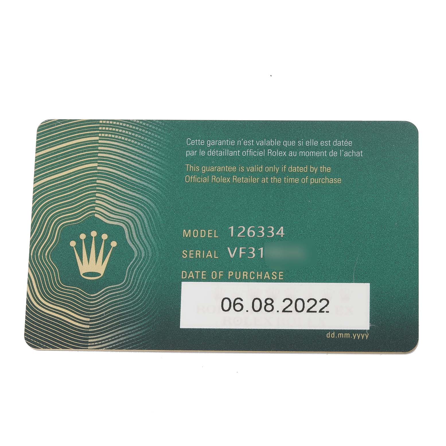 This image shows the official Rolex guarantee card for the Datejust 41 model (126334) with a date of purchase of 06.08.2022.
