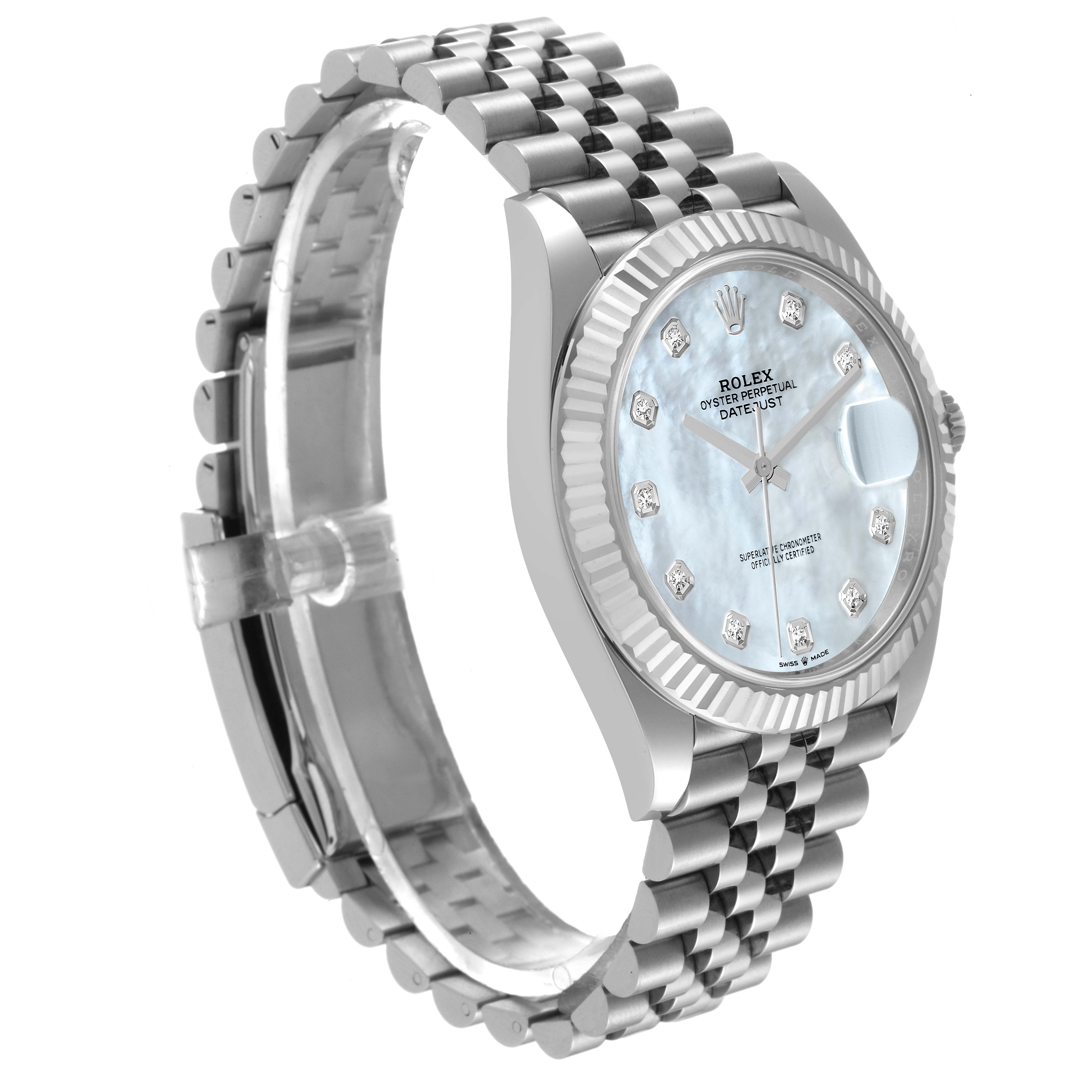The Rolex Datejust 41 126334 Men's Stainless Steel Mother of Pearl Dial 126334 Men's Stainless Steel Mother of Pearl Dial watch is shown from a three-quarter angle, highlighting its bracelet, case, and dial.