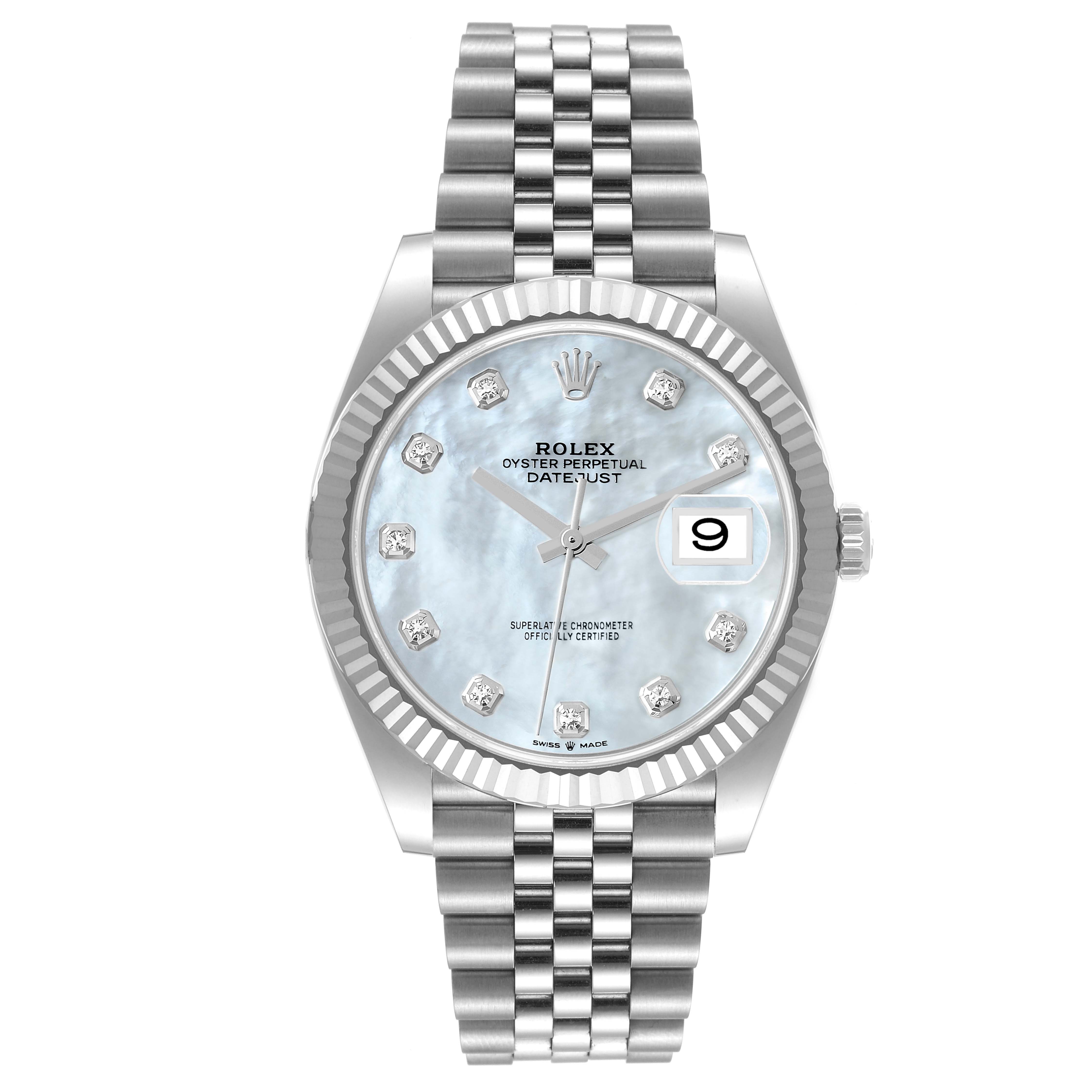 The image shows a front view of the Rolex Datejust 41 126334 Men's Stainless Steel Mother of Pearl Dial 126334 Men's Stainless Steel Mother of Pearl Dial watch, displaying its dial, bezel, and bracelet.