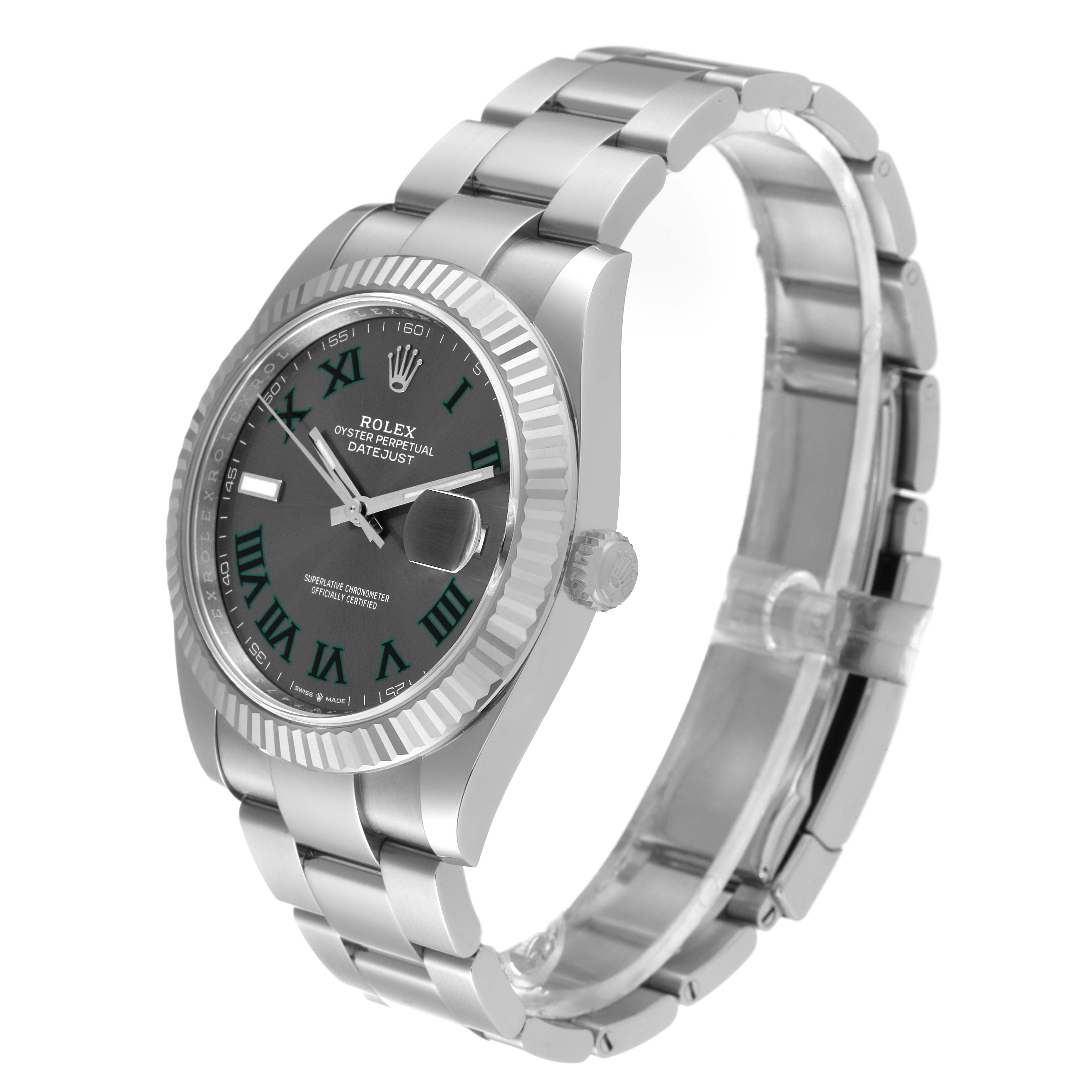 The image shows a Rolex Datejust 41 126334 Men
s Stainless Steel Grey Dial 126334 Men
s Stainless Steel Grey Dial watch at a three-quarter angle, highlighting the dial, bracelet, and fluted bezel.