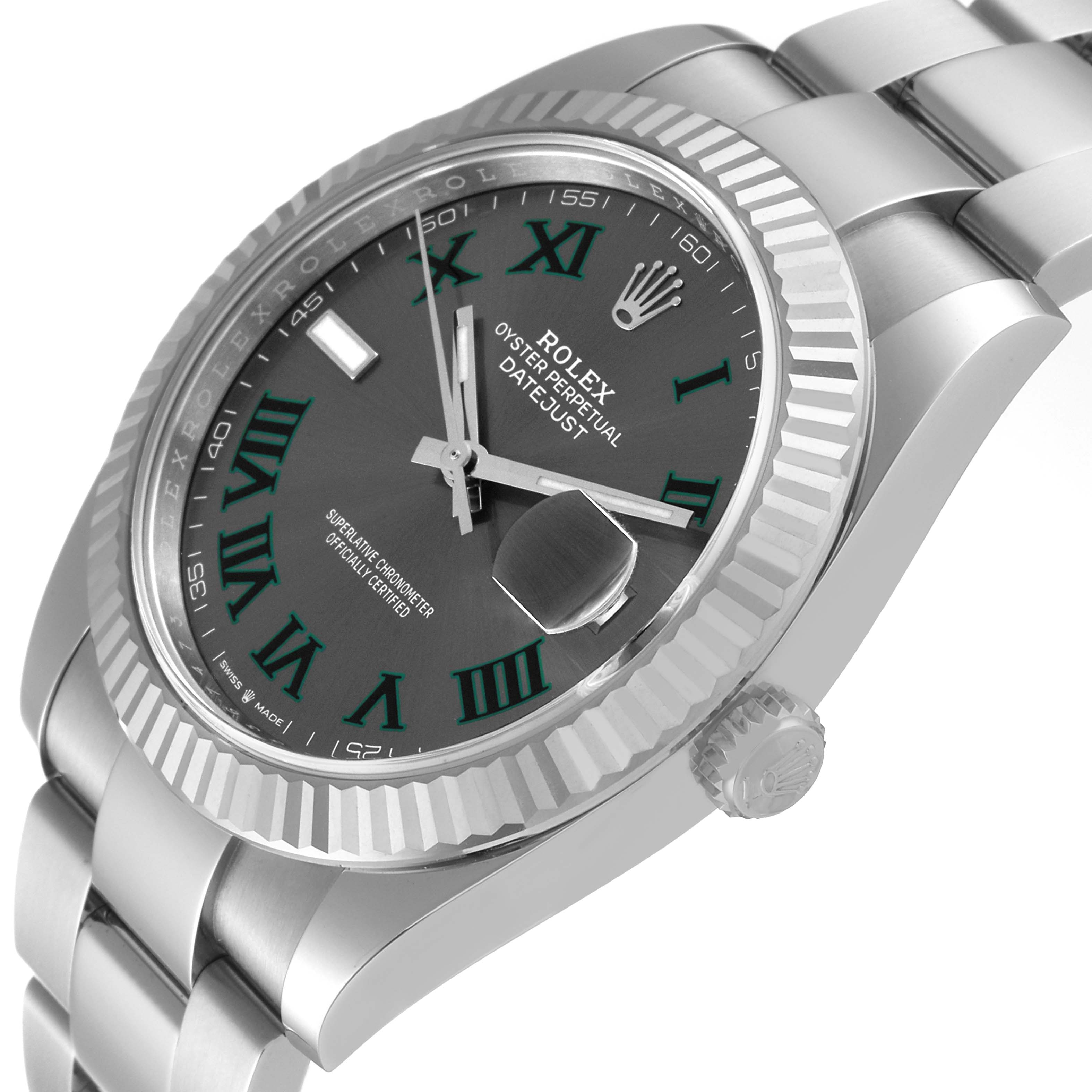 The image shows a close-up, angled view of the face, bezel, and bracelet of a Rolex Datejust 41 126334 Men
s Stainless Steel Grey Dial 126334 Men
s Stainless Steel Grey Dial watch.