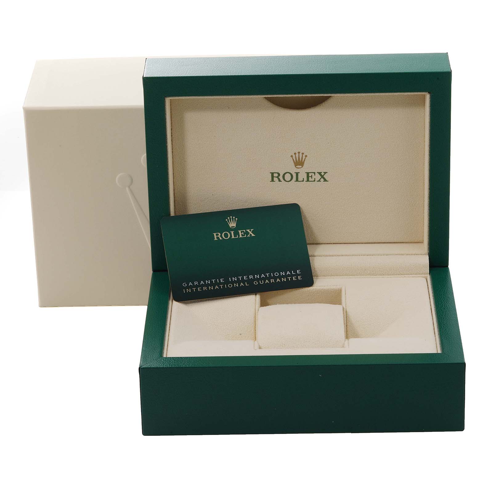 The image shows the box for a Rolex Datejust 41 126334 Men
s Stainless Steel Grey Dial 126334 Men
s Stainless Steel Grey Dial, including the guarantee card holder within the open box.
