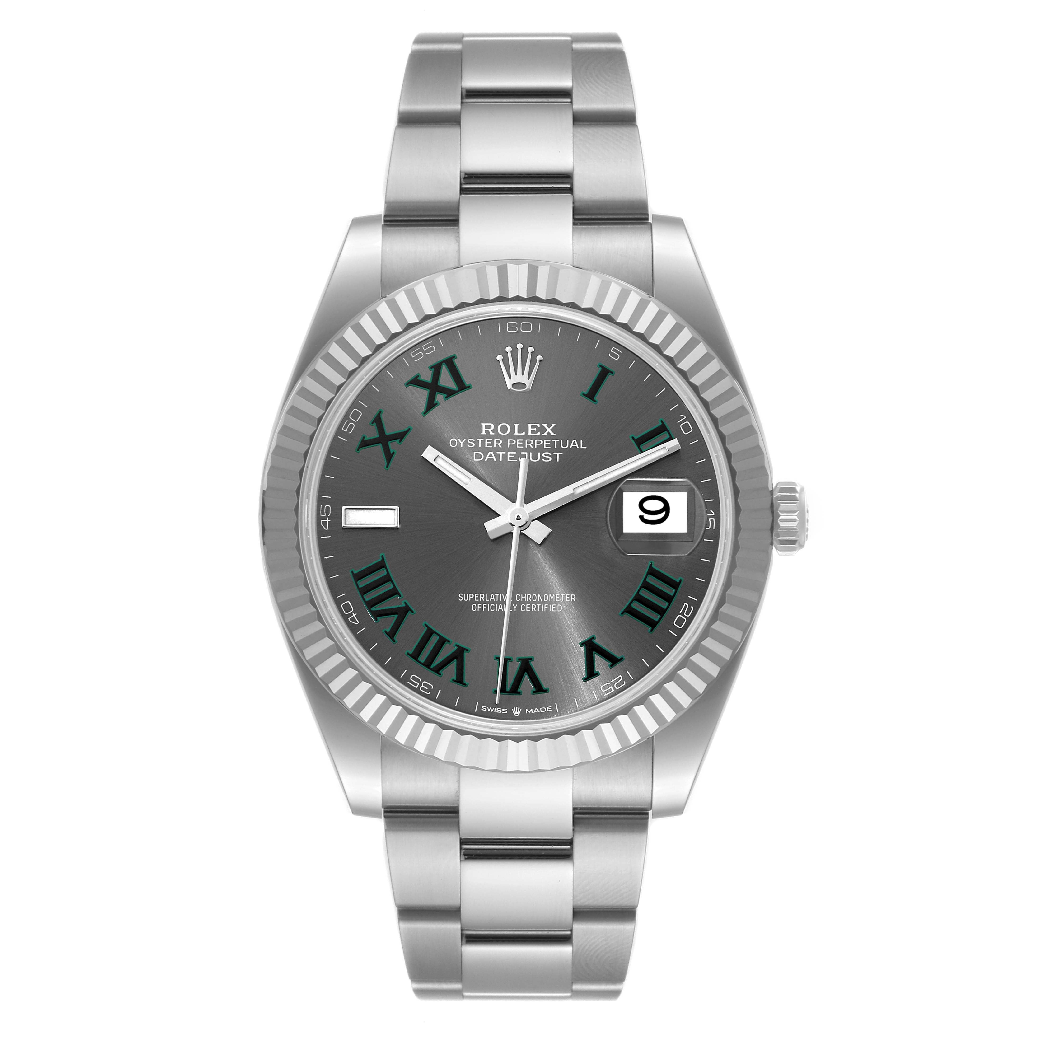 The image shows a front view of the Rolex Datejust 41 126334 Men
s Stainless Steel Grey Dial 126334 Men
s Stainless Steel Grey Dial watch, highlighting its dial, bezel, and bracelet.