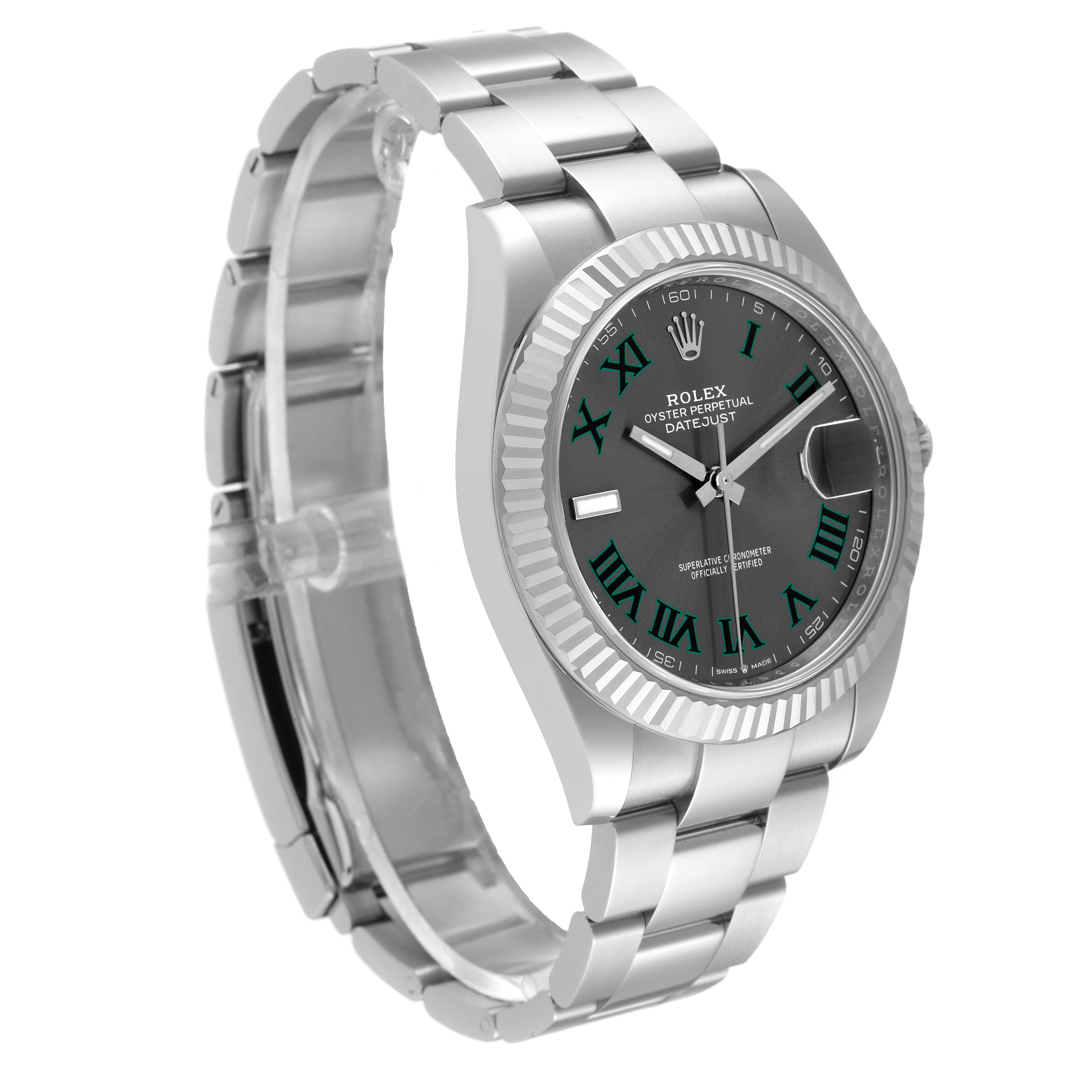 The image shows a side angle of a Rolex Datejust 41 126334 Men
s Stainless Steel Grey Dial 126334 Men
s Stainless Steel Grey Dial watch, highlighting the dial, bracelet, and bezel.