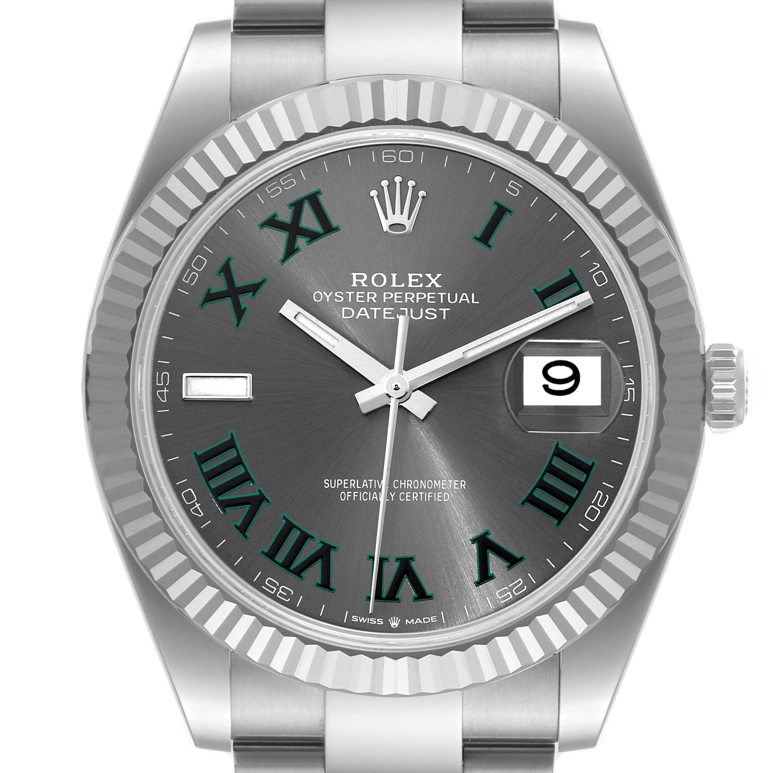 The Rolex Datejust 41 126334 Men
s Stainless Steel Grey Dial 126334 Men
s Stainless Steel Grey Dial watch is displayed from the front angle showcasing the dial, hands, date window, and part of the bracelet.