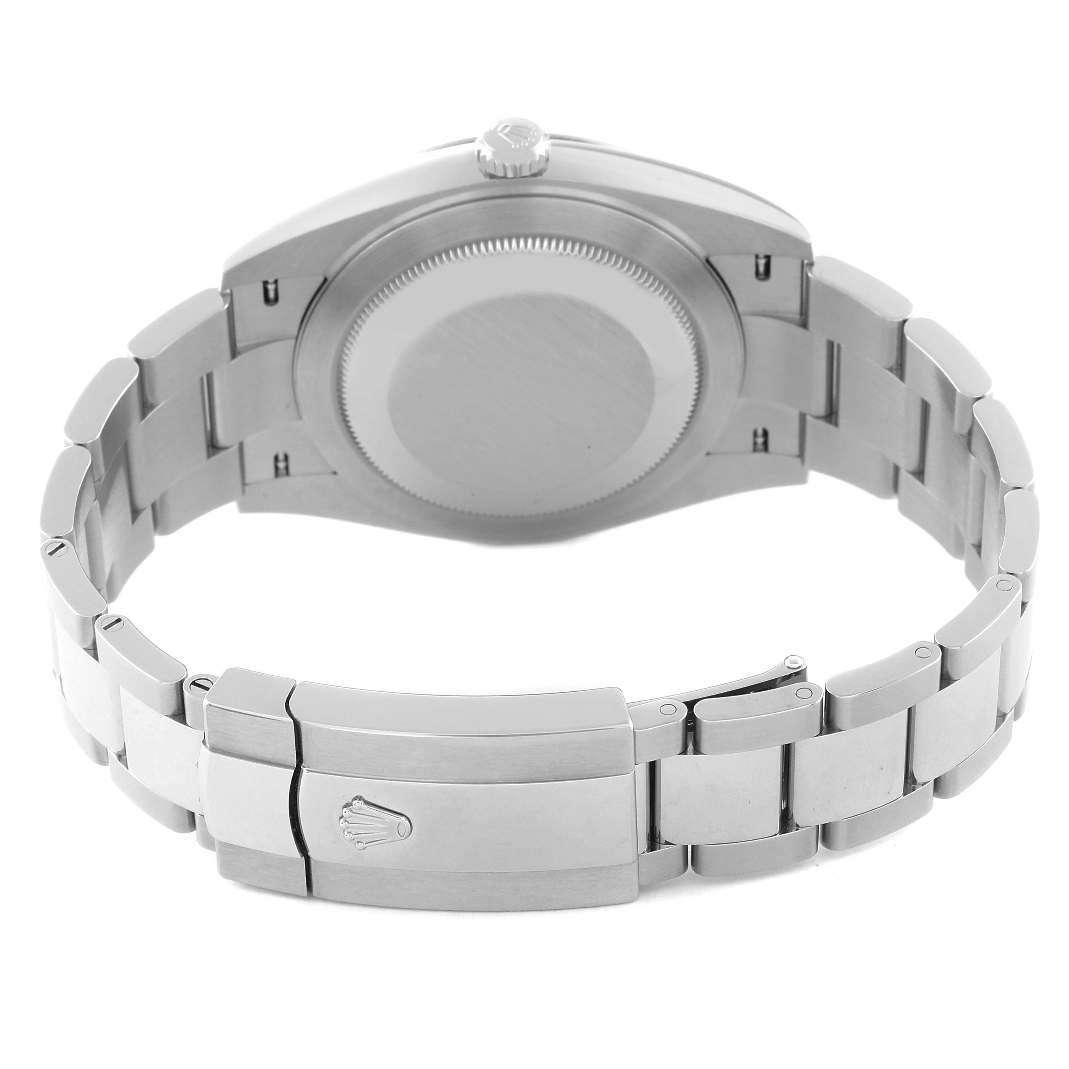 The image shows the back of the Rolex Datejust 41 126334 Men
s Stainless Steel Grey Dial 126334 Men
s Stainless Steel Grey Dial watch, focusing on its clasp, bracelet, and case back.