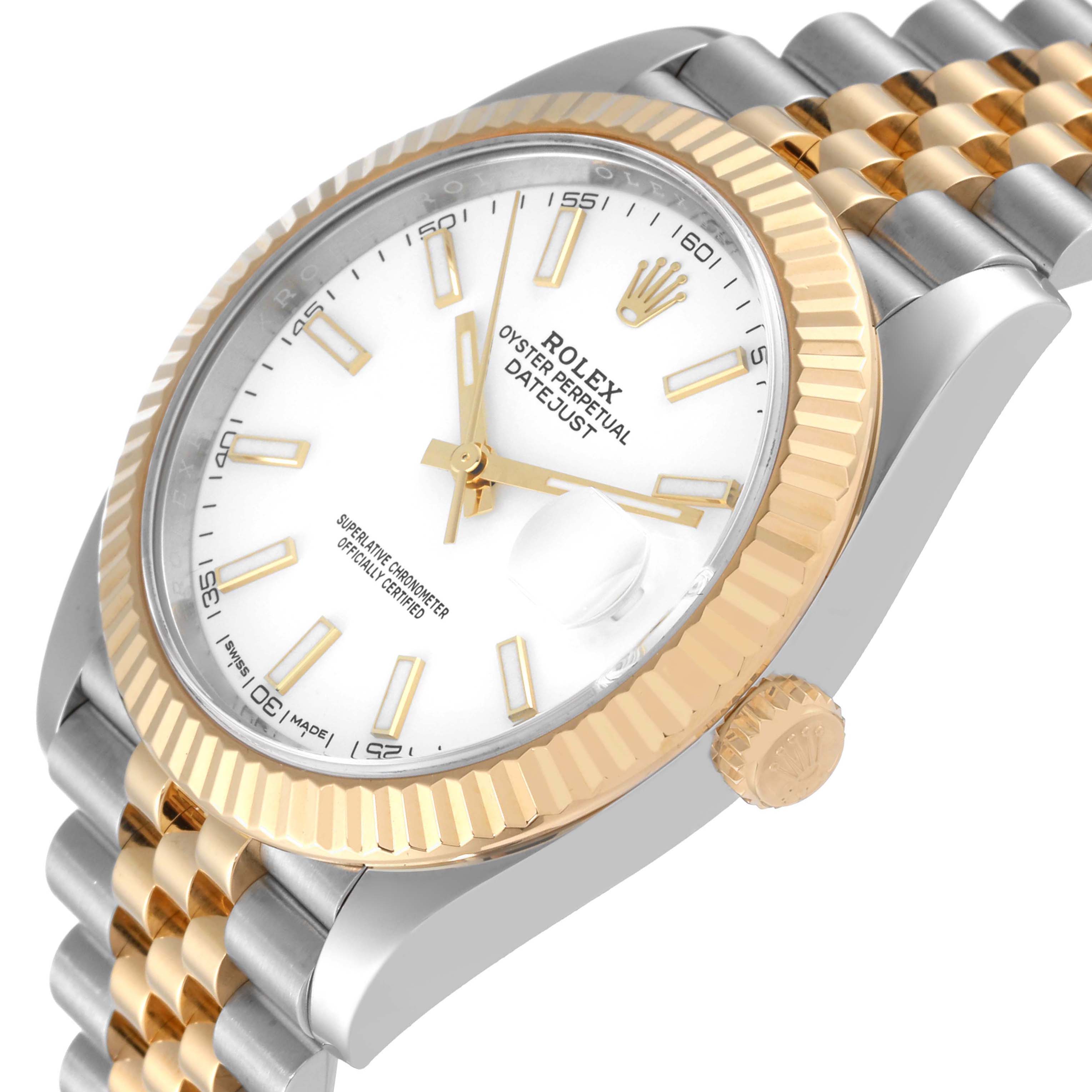The image shows a Rolex Datejust 41 126333 Men's Steel and Gold (two tone) White Dial 126333 Men's Steel and Gold (two tone) White Dial watch at a slightly angled side view, highlighting its face, bezel, crown, and part of the bracelet.