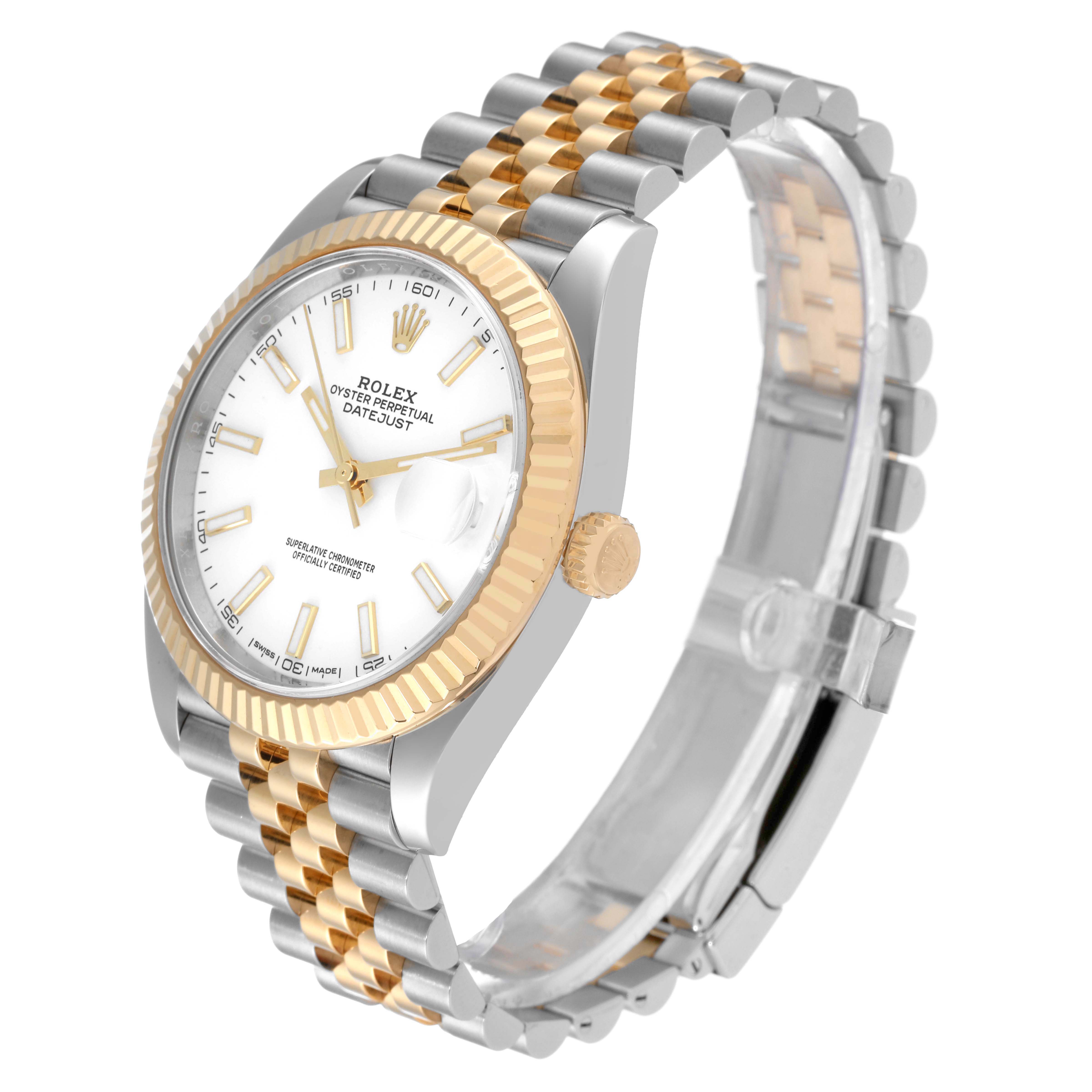 The image shows a Rolex Datejust 41 126333 Men's Steel and Gold (two tone) White Dial 126333 Men's Steel and Gold (two tone) White Dial model angled slightly to the left, displaying the face, bezel, crown, and bracelet.
