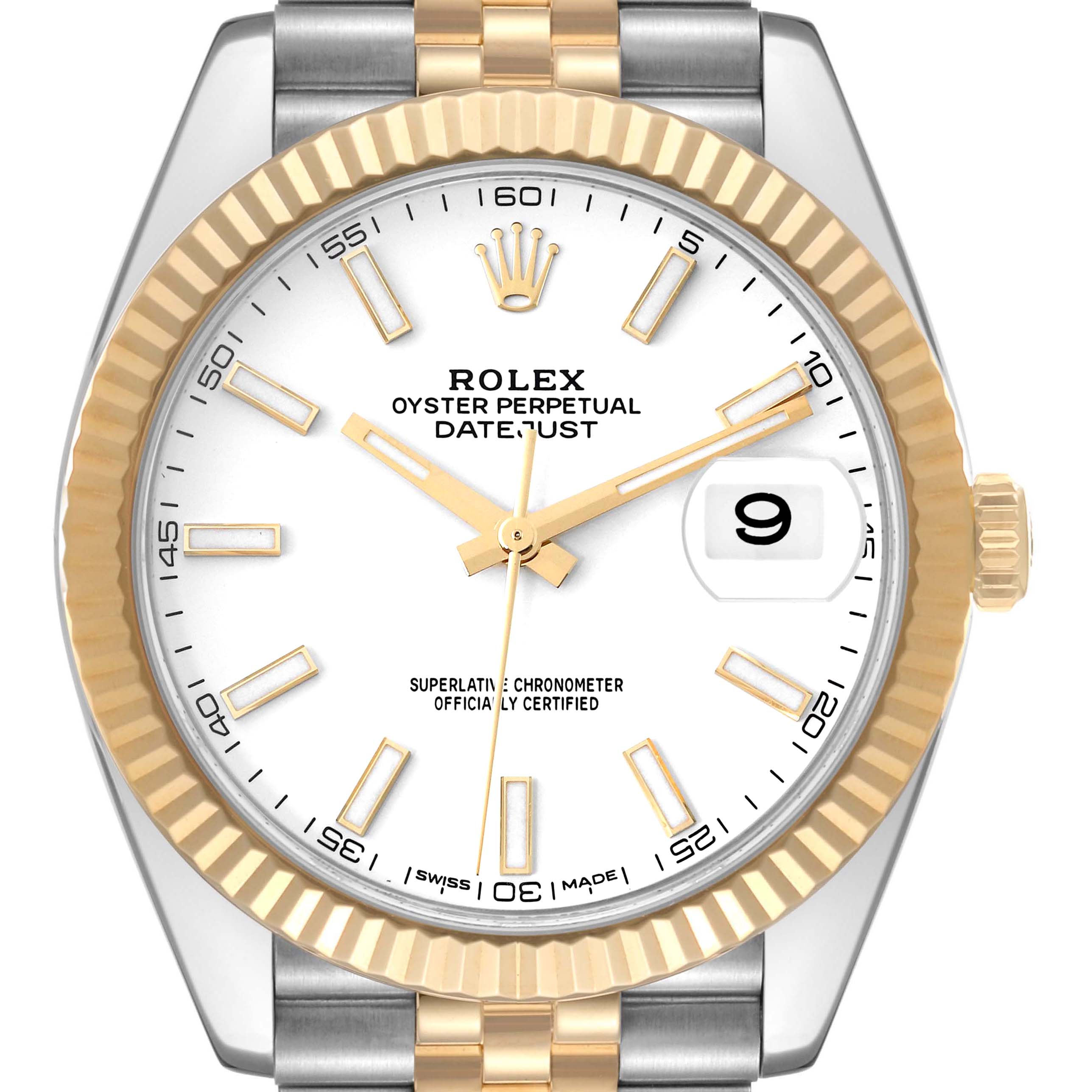 The image shows a frontal view of the Rolex Datejust 41 126333 Men's Steel and Gold (two tone) White Dial 126333 Men's Steel and Gold (two tone) White Dial watch, highlighting its dial, bezel, and part of the bracelet.