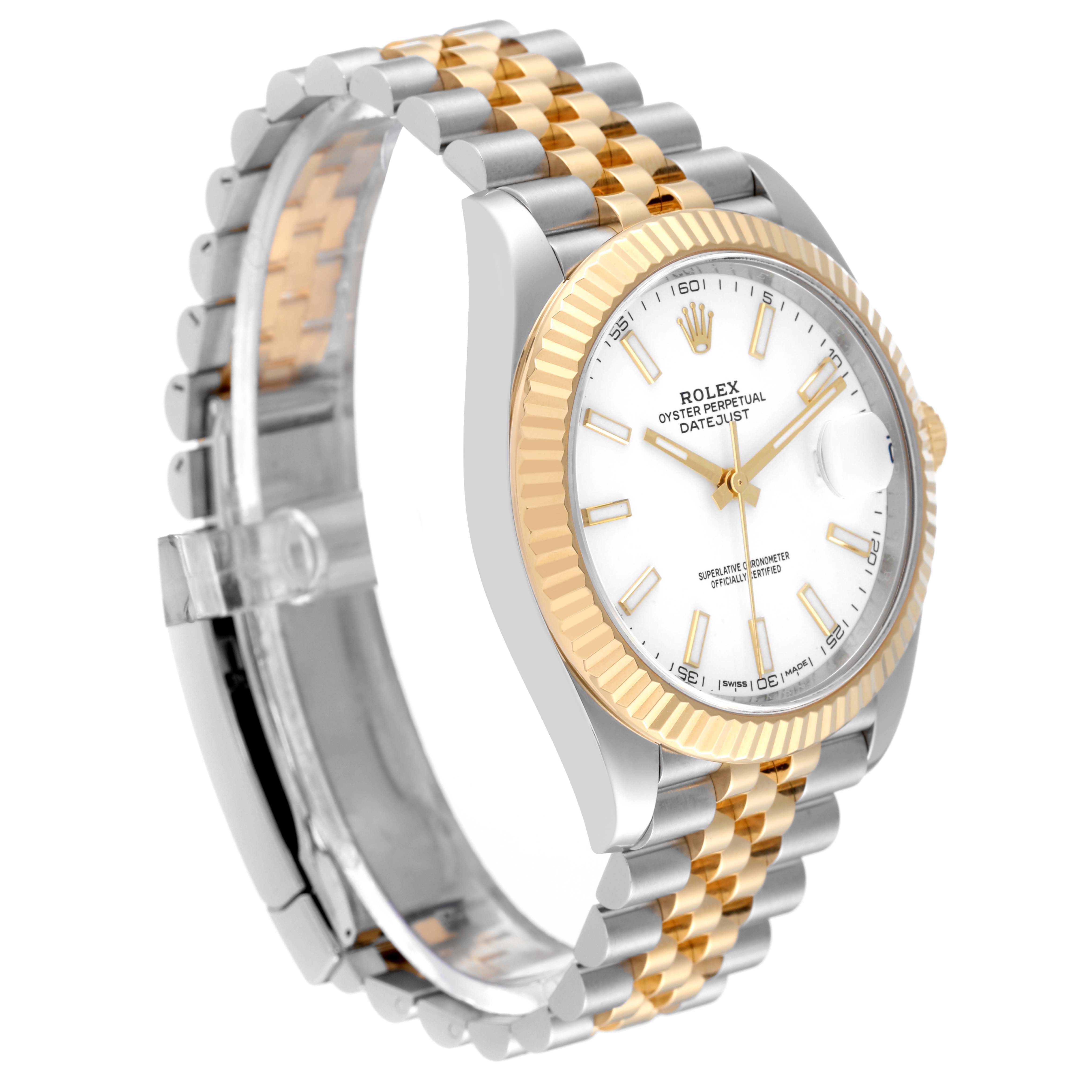 The Rolex Datejust 41 126333 Men's Steel and Gold (two tone) White Dial 126333 Men's Steel and Gold (two tone) White Dial watch is shown at an angle highlighting its face, bezel, and two-tone bracelet.