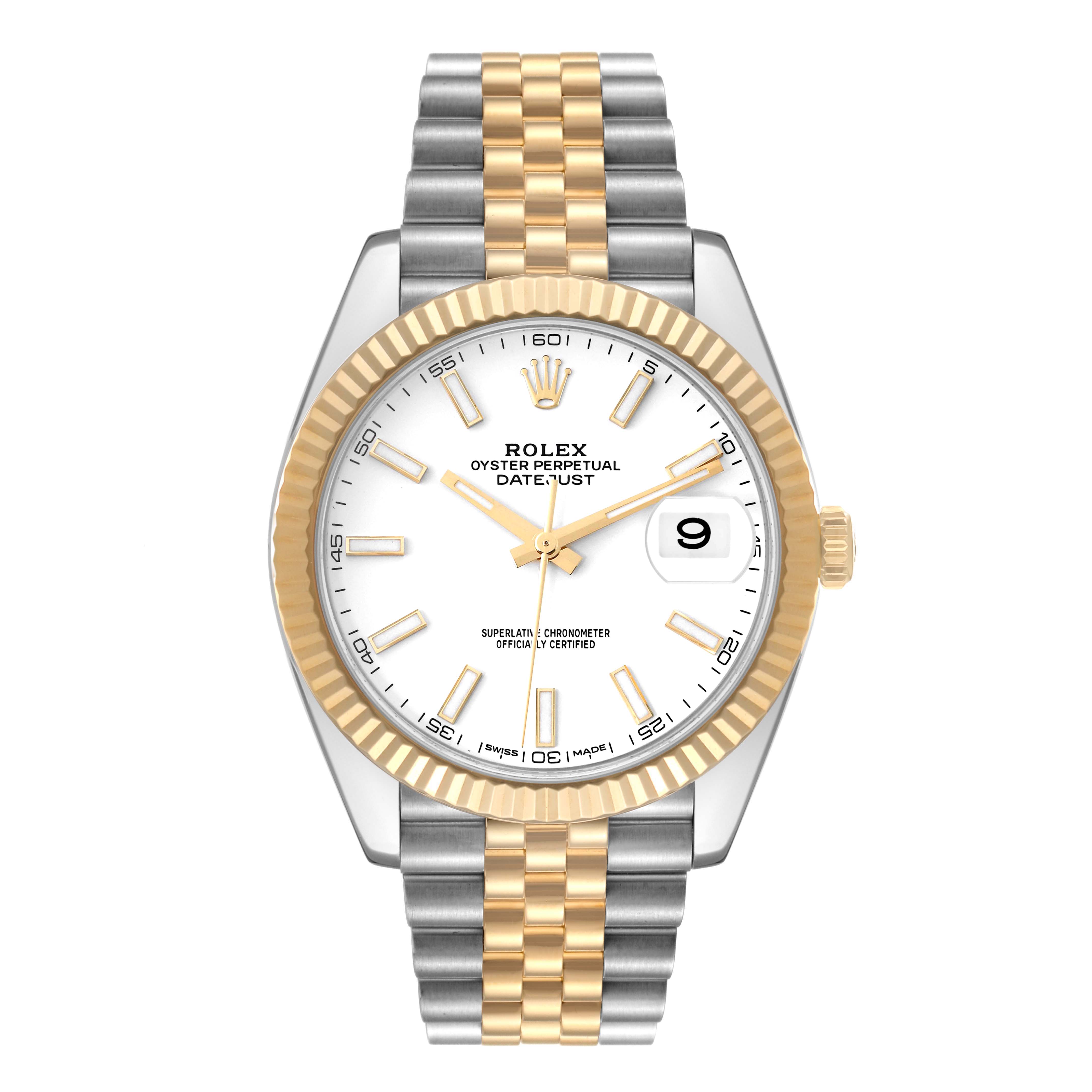 The image shows a front view of a Rolex Datejust 41 126333 Men's Steel and Gold (two tone) White Dial 126333 Men's Steel and Gold (two tone) White Dial, highlighting its two-tone bracelet, fluted bezel, and white dial with a date window.