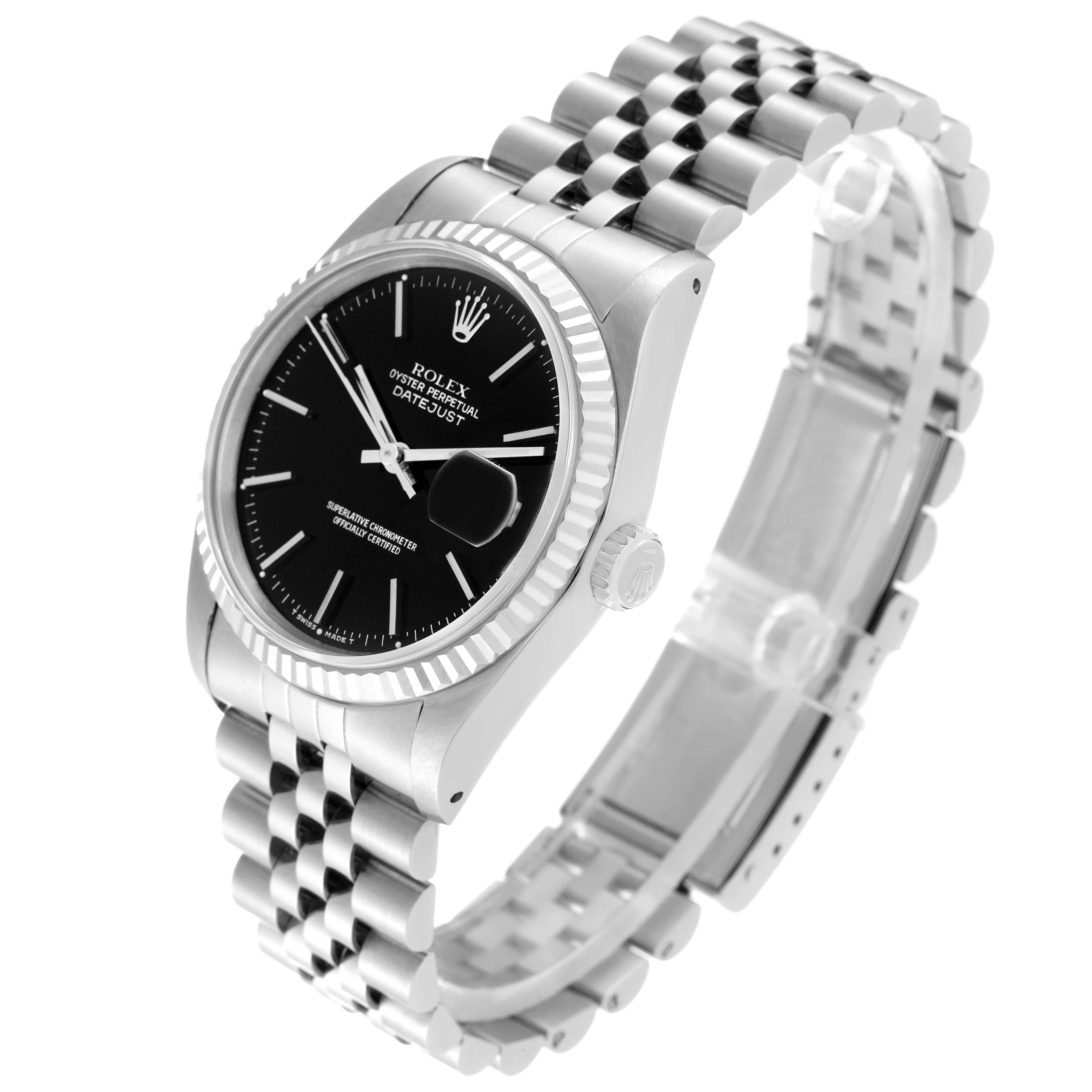 The image shows a side angle of the Rolex Datejust 16234 Men's Stainless Steel Black Dial 16234 Men's Stainless Steel Black Dial watch, featuring its face, bezel, crown, and jubilee bracelet.