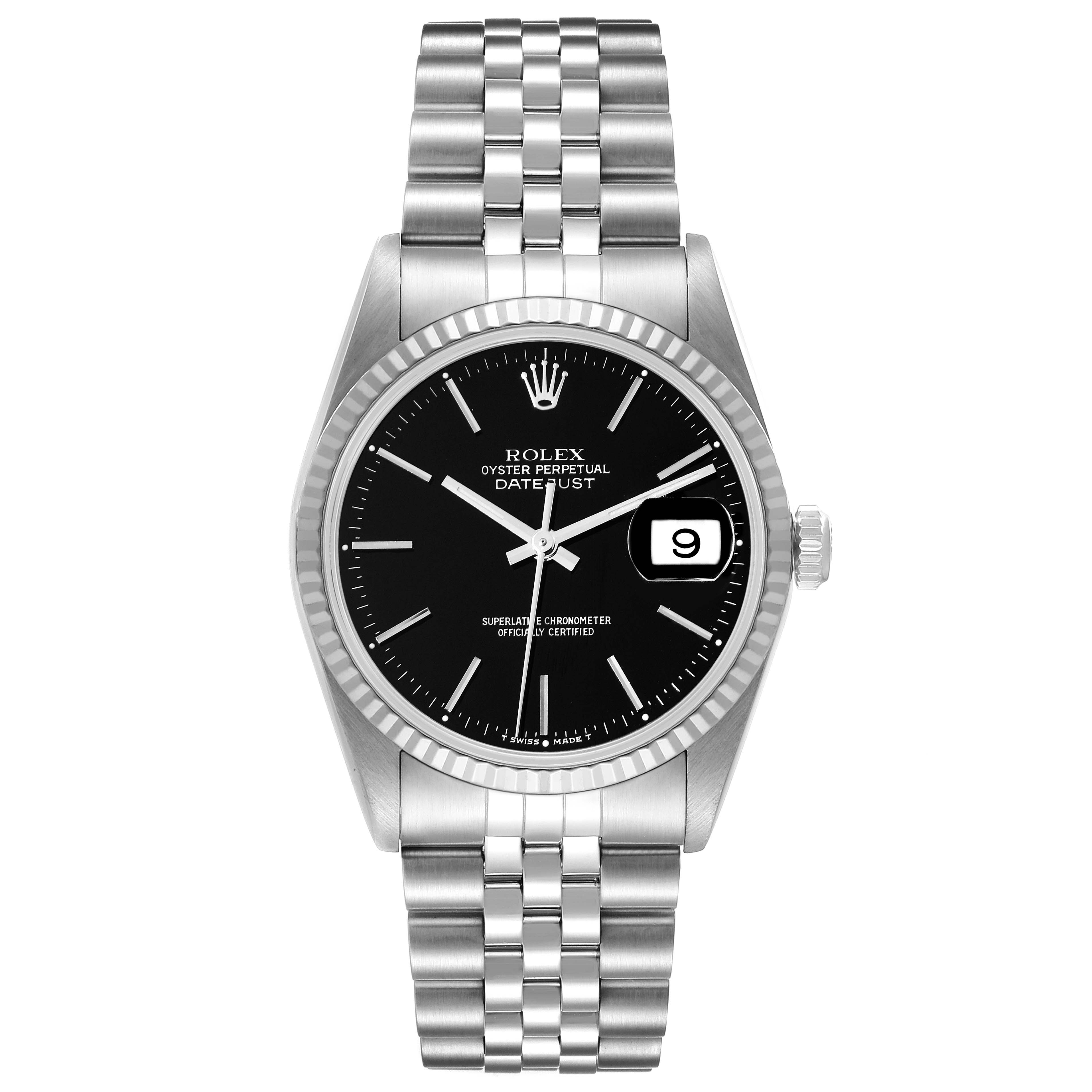 The image shows a Rolex Datejust 16234 Men's Stainless Steel Black Dial 16234 Men's Stainless Steel Black Dial watch from a front angle, displaying the dial, bezel, bracelet, and crown.