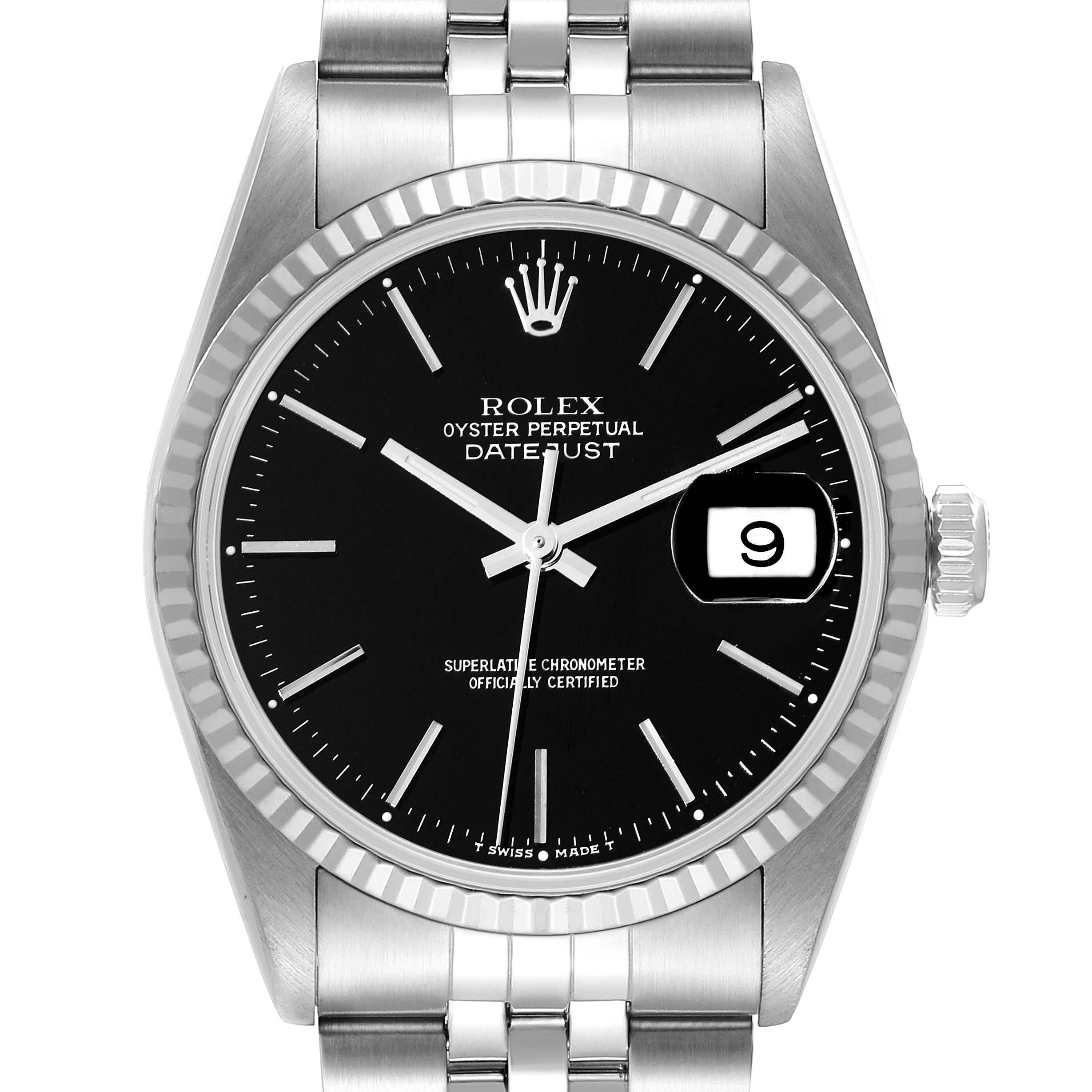The image shows a front view of the Rolex Datejust 16234 Men's Stainless Steel Black Dial 16234 Men's Stainless Steel Black Dial watch, featuring its dial, hands, bezel, crown, and bracelet.