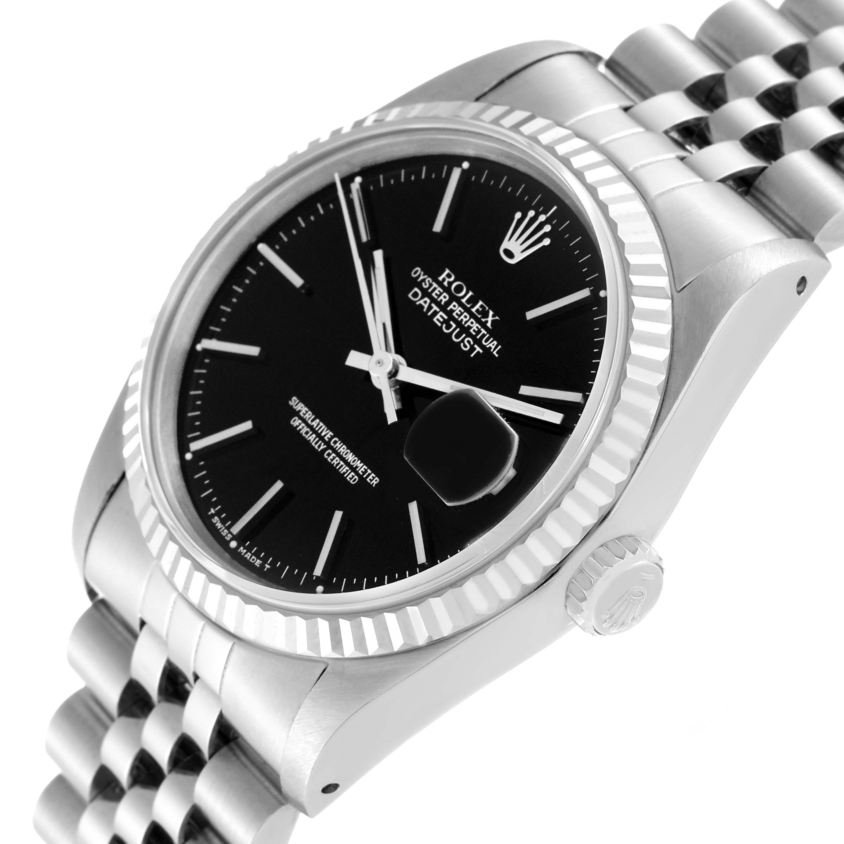 This image shows a close-up side angle of the Rolex Datejust 16234 Men's Stainless Steel Black Dial 16234 Men's Stainless Steel Black Dial watch featuring the black dial, fluted bezel, crown, and part of the bracelet.