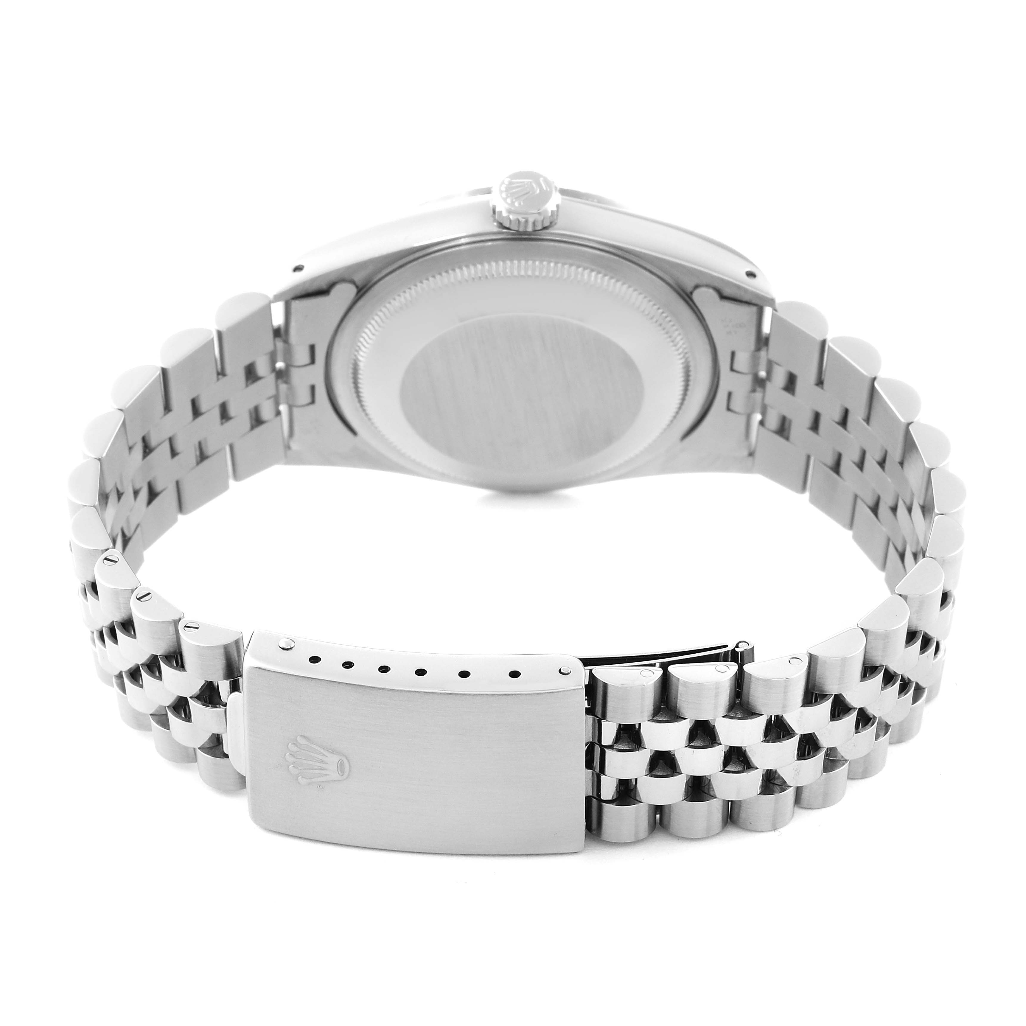 This image shows the back view of a Rolex Datejust 16234 Men's Stainless Steel Black Dial 16234 Men's Stainless Steel Black Dial's case and stainless steel bracelet with the clasp closed.