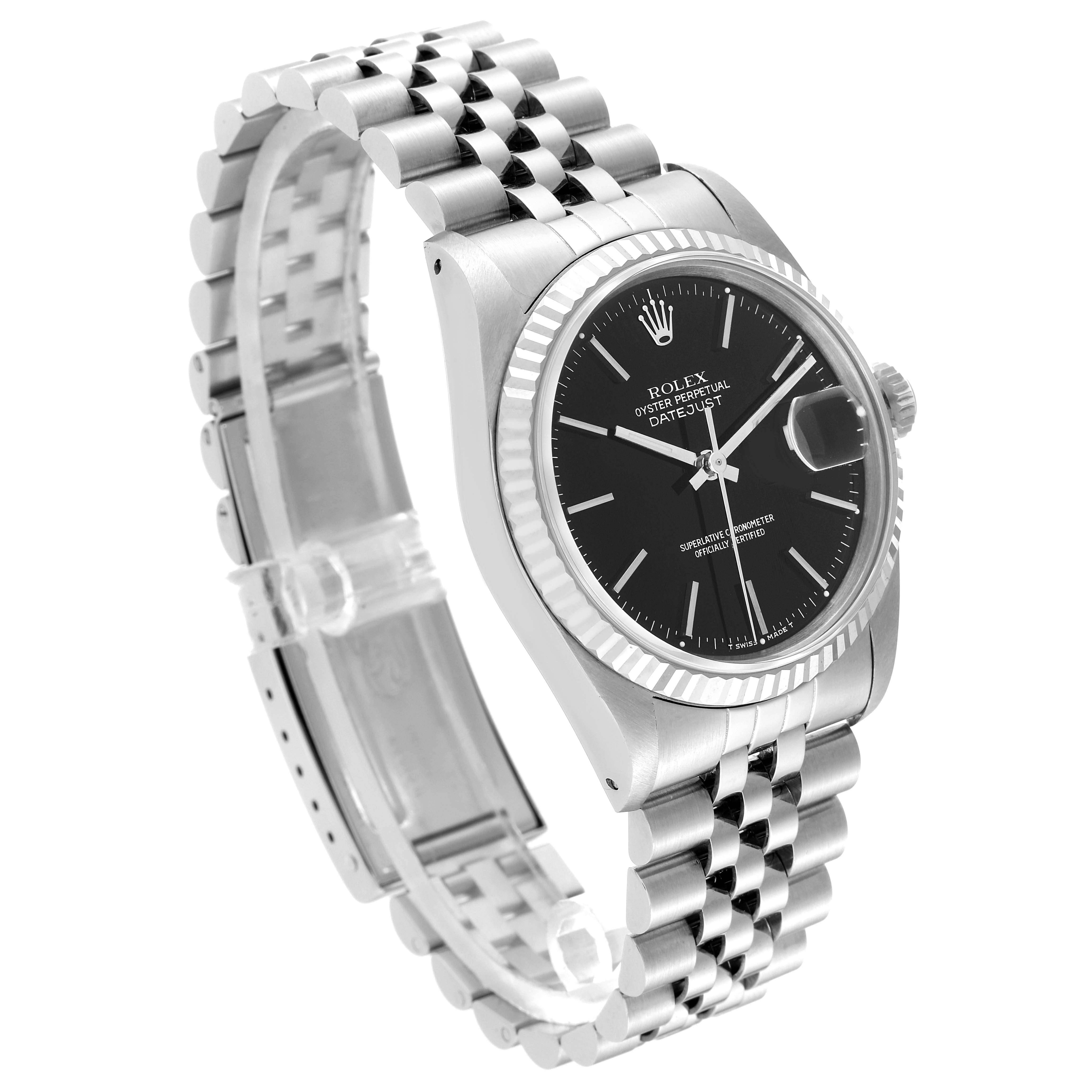 The image shows a Rolex Datejust 16234 Men's Stainless Steel Black Dial 16234 Men's Stainless Steel Black Dial watch from an angled side view, highlighting the dial, fluted bezel, and Jubilee bracelet.