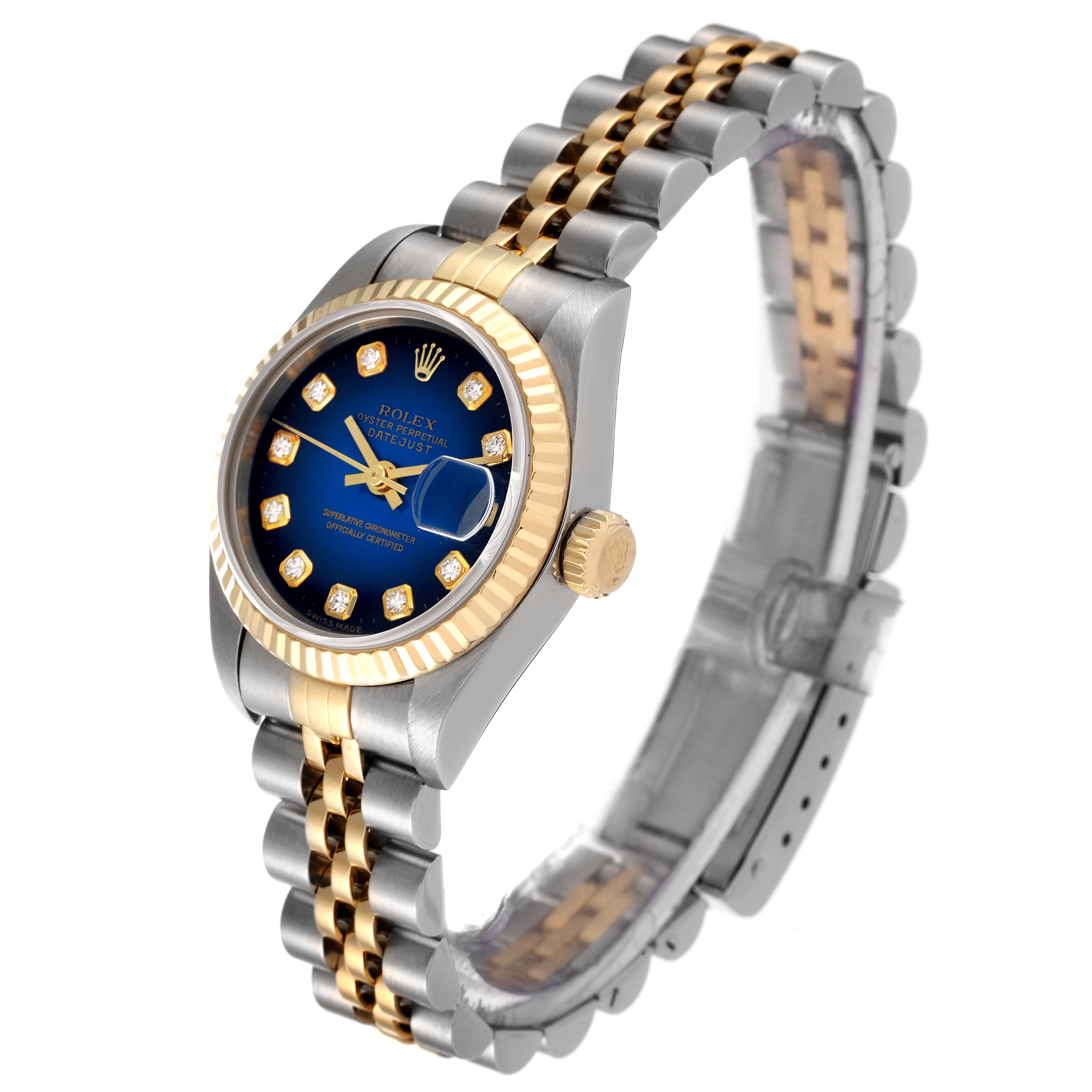 This image shows the Rolex Datejust 69173 Women's Steel and Gold (two tone) Blue Dial 69173 Women's Steel and Gold (two tone) Blue Dial watch at a slight angle, highlighting the dial, bezel, crown, and bracelet.