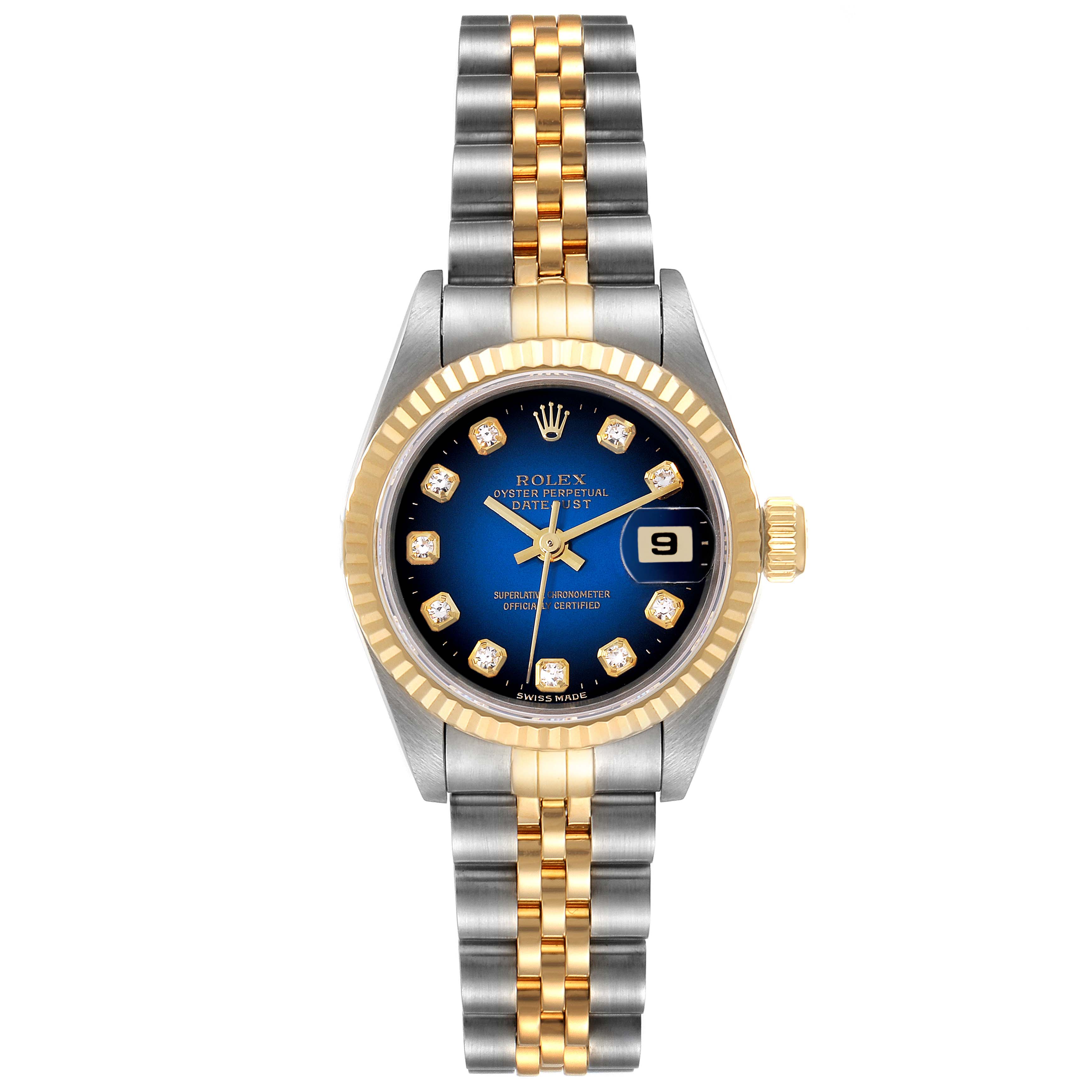This image shows a front view of a Rolex Datejust 69173 Women's Steel and Gold (two tone) Blue Dial 69173 Women's Steel and Gold (two tone) Blue Dial watch, highlighting the dial, bezel, and bracelet.