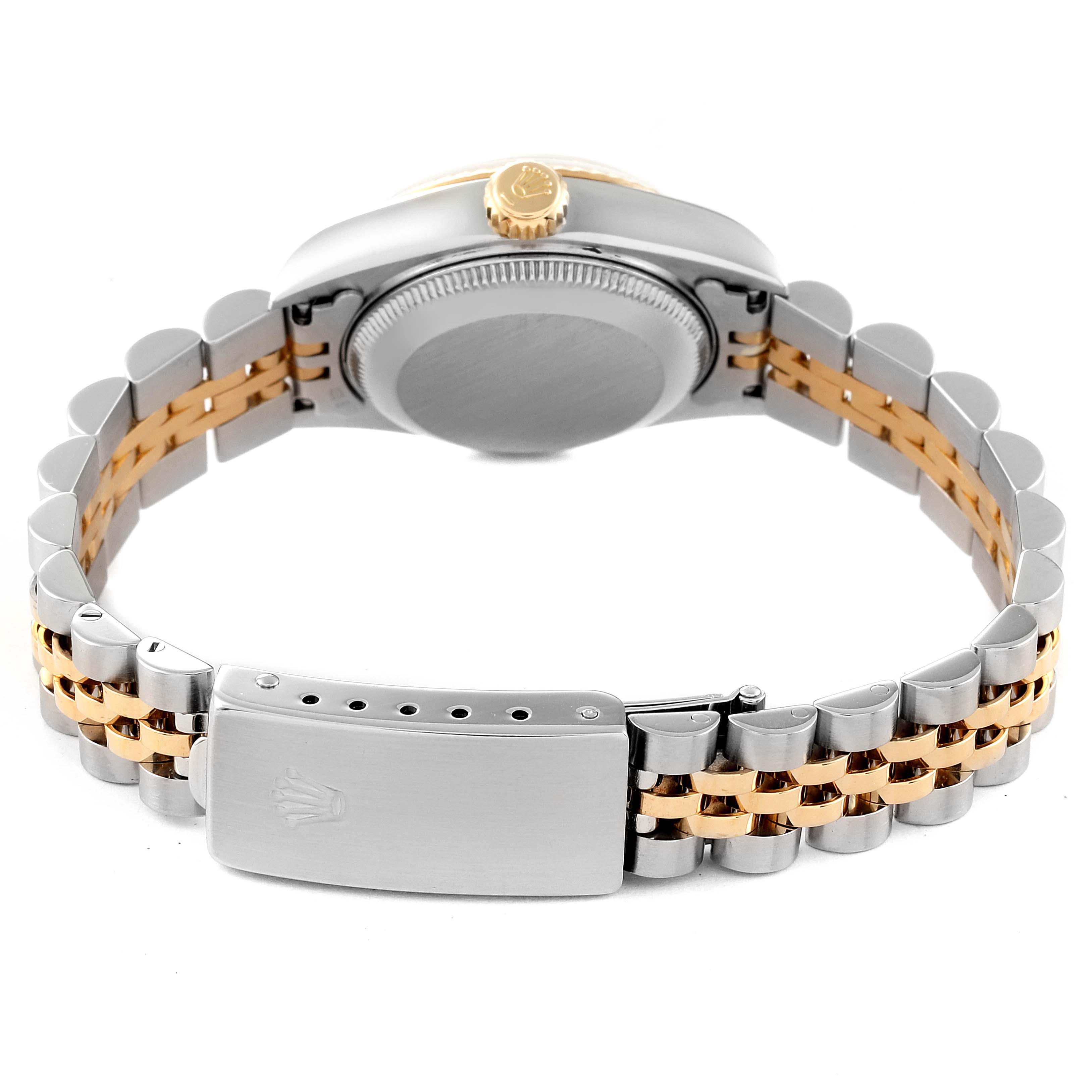 This is a rear view of a Rolex Datejust 69173 Women's Steel and Gold (two tone) Blue Dial 69173 Women's Steel and Gold (two tone) Blue Dial watch showing the case back, crown, and two-tone bracelet with the clasp.